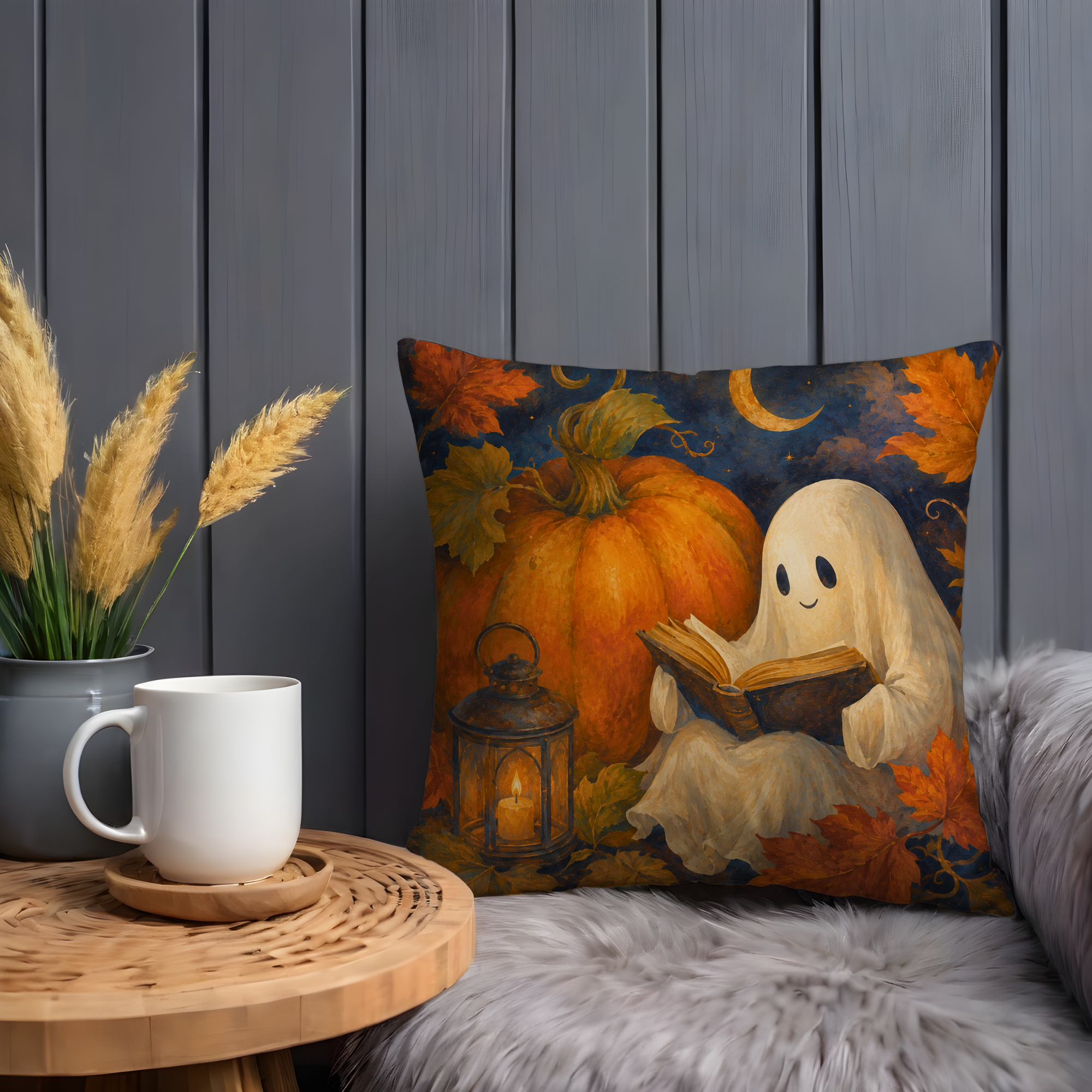 Ghost Reading Pillow Cover | Cute Halloween Art | Cozy Autumn Decor