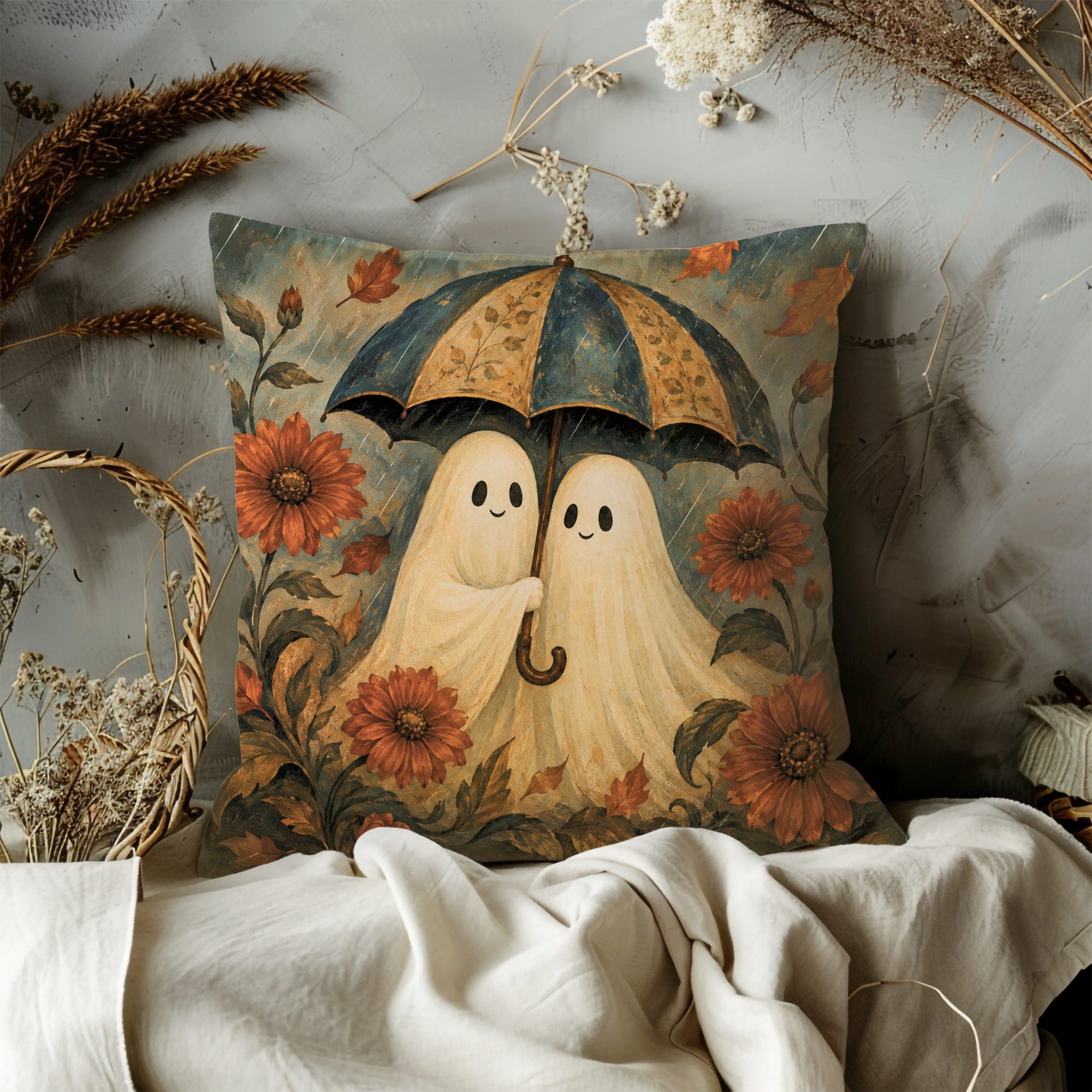 Cute Ghost Couple Umbrella Pillow Cover | Whimsical Halloween Art