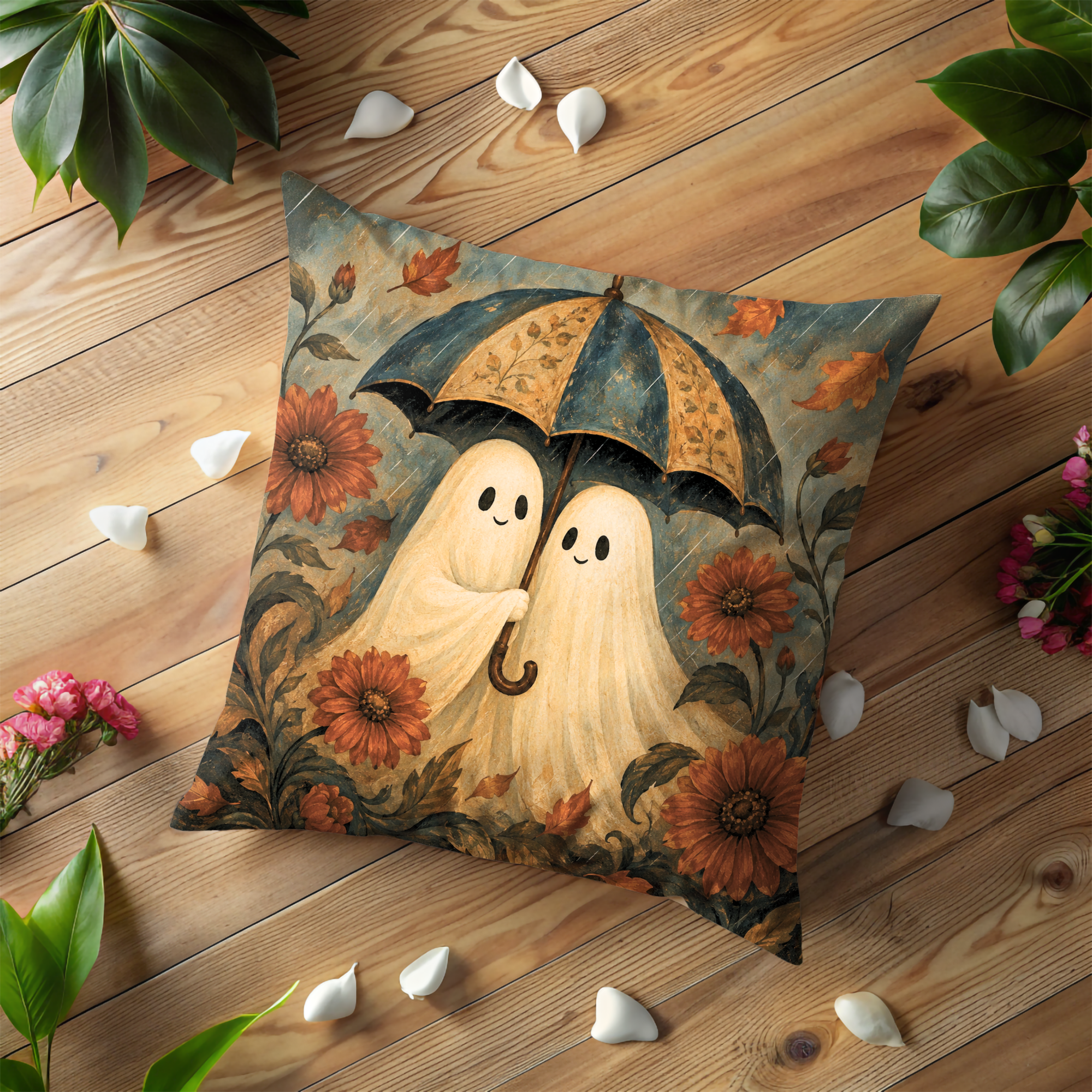 Cute Ghost Couple Umbrella Pillow Cover | Whimsical Halloween Art