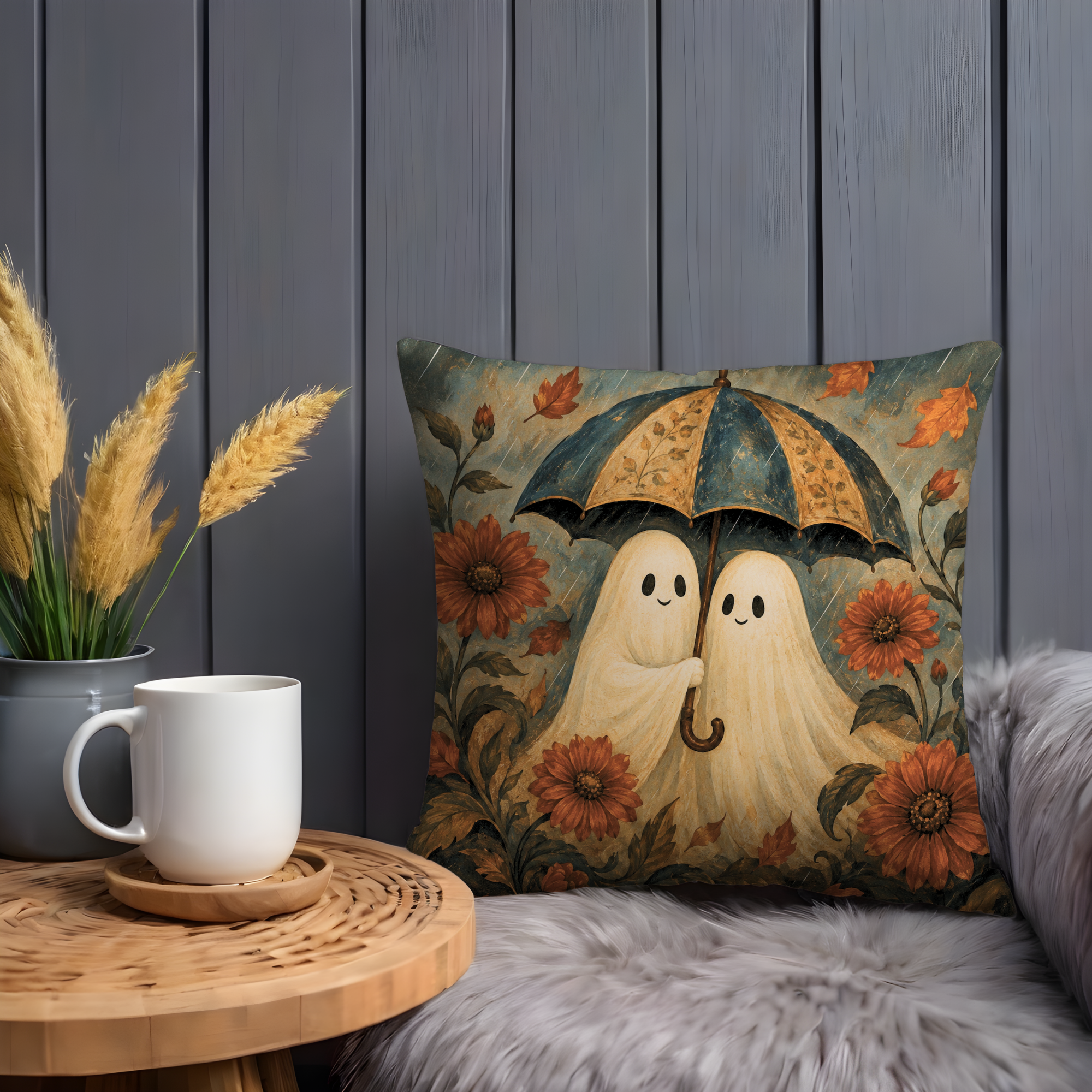 Cute Ghost Couple Umbrella Pillow Cover | Whimsical Halloween Art