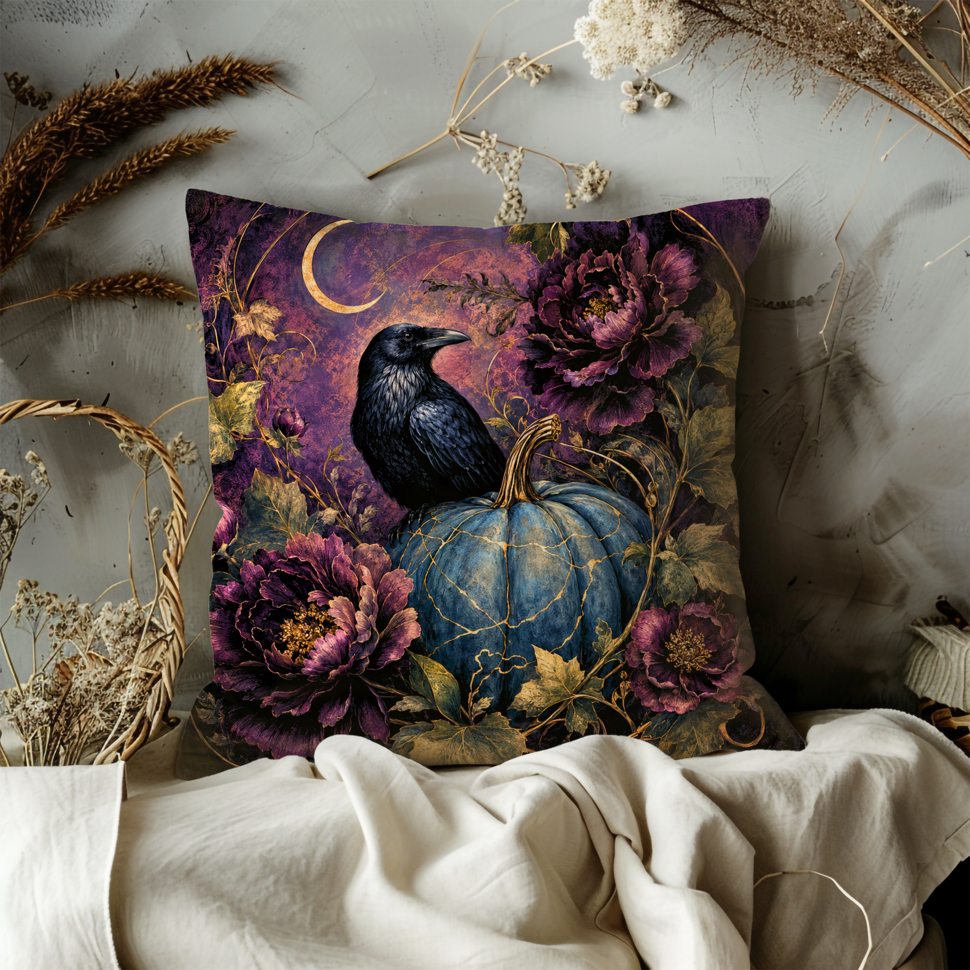 Raven Pumpkin Pillow Cover | Mystical Halloween Art | Gothic Nature Decor