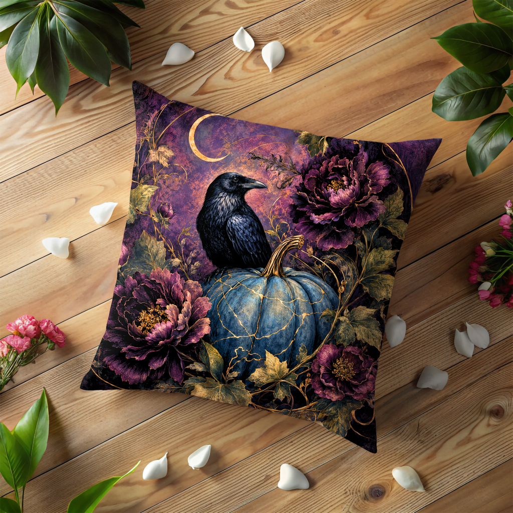 Raven Pumpkin Pillow Cover | Mystical Halloween Art | Gothic Nature Decor