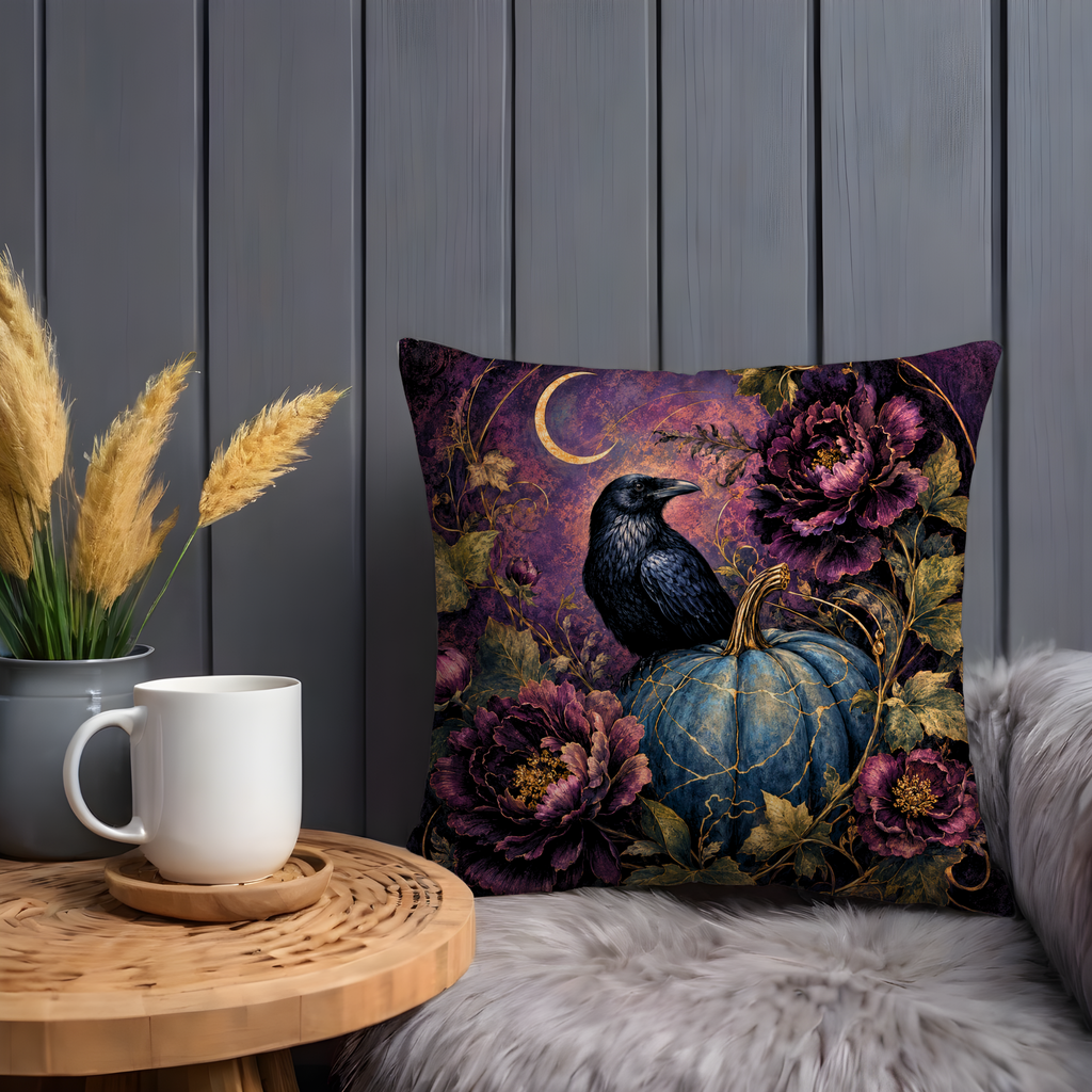 Raven Pumpkin Pillow Cover | Mystical Halloween Art | Gothic Nature Decor