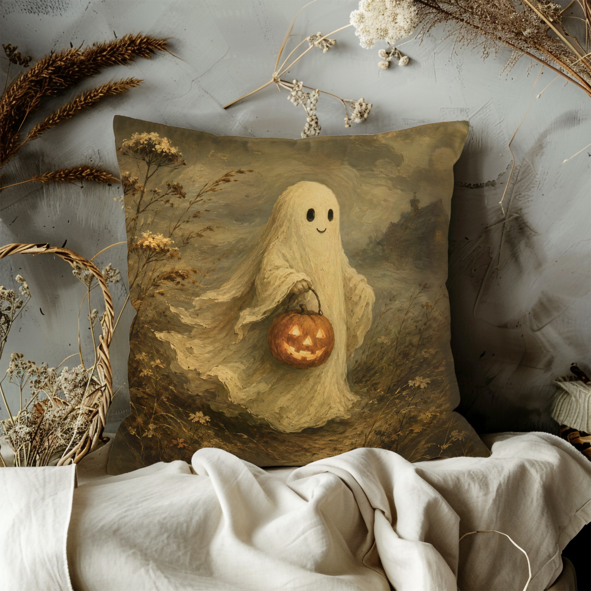 Friendly Ghost Pumpkin Pillow Cover | Halloween Cute Art | Spooky Decor