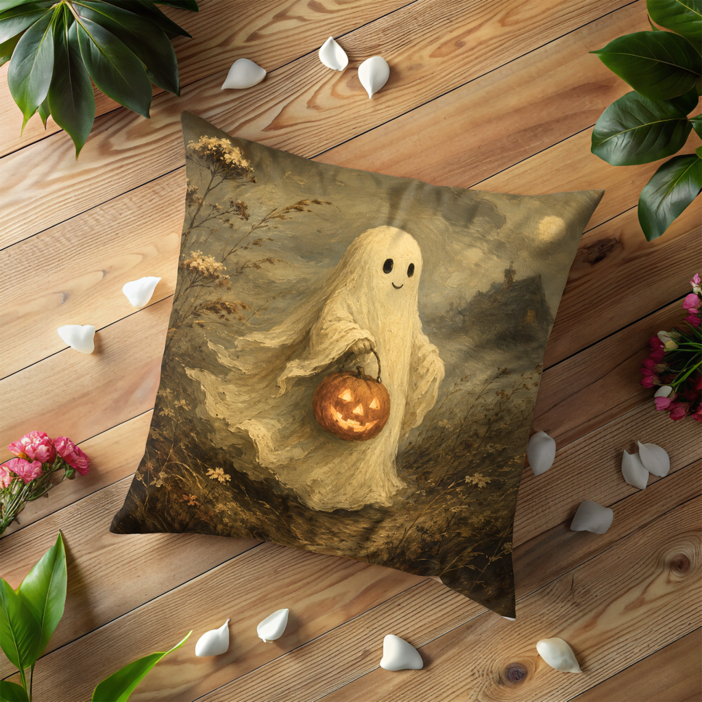 Friendly Ghost Pumpkin Pillow Cover | Halloween Cute Art | Spooky Decor