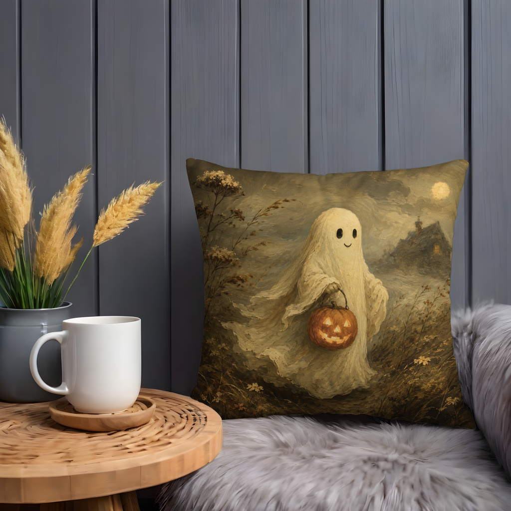 Friendly Ghost Pumpkin Pillow Cover | Halloween Cute Art | Spooky Decor