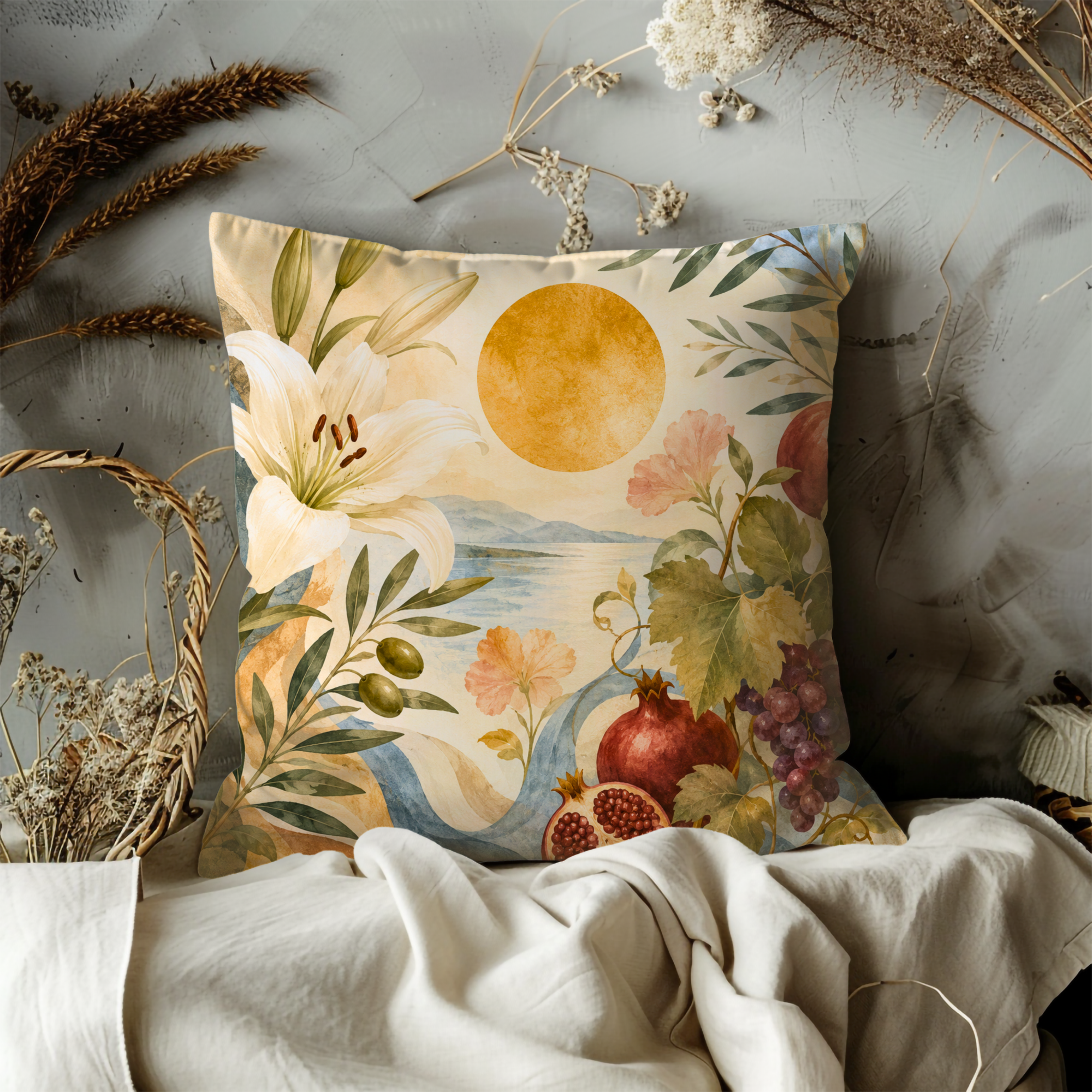 Mediterranean Landscape Pillow Cover | Serene Floral Art | Peaceful Nature Decor