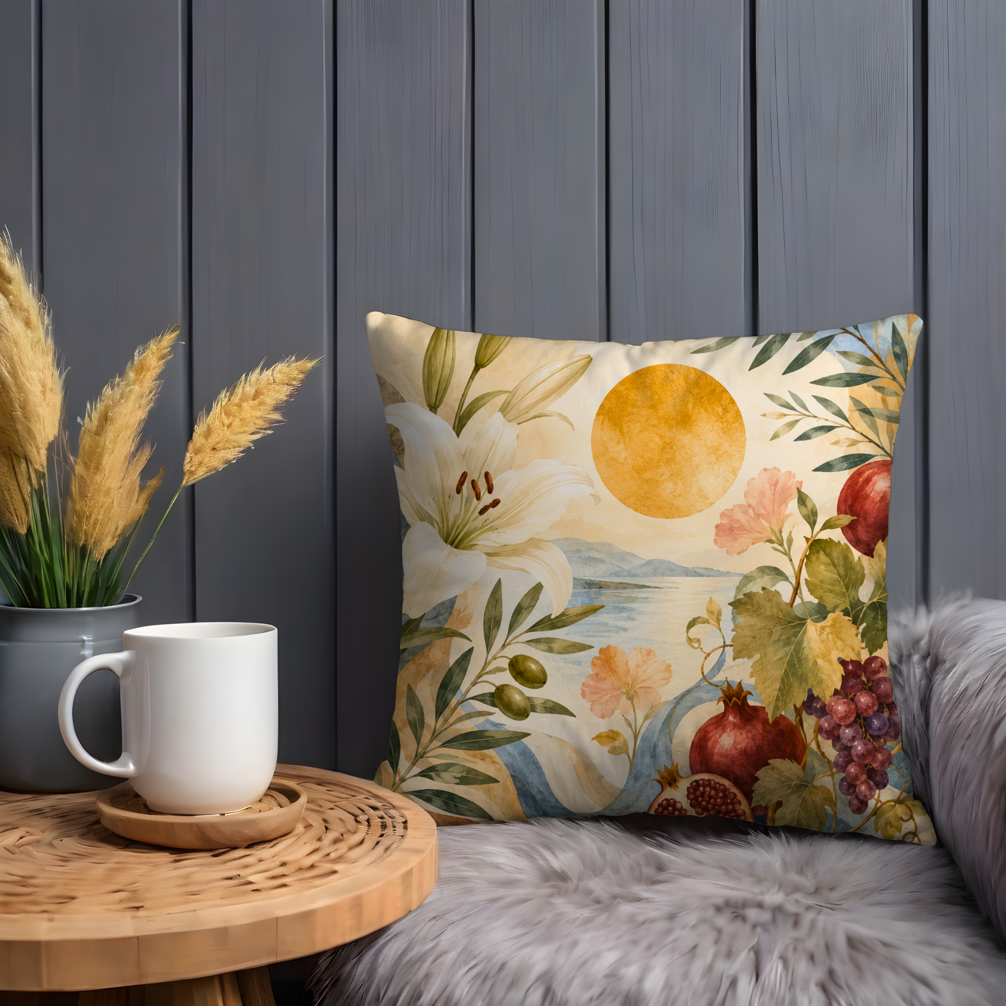 Mediterranean Landscape Pillow Cover | Serene Floral Art | Peaceful Nature Decor