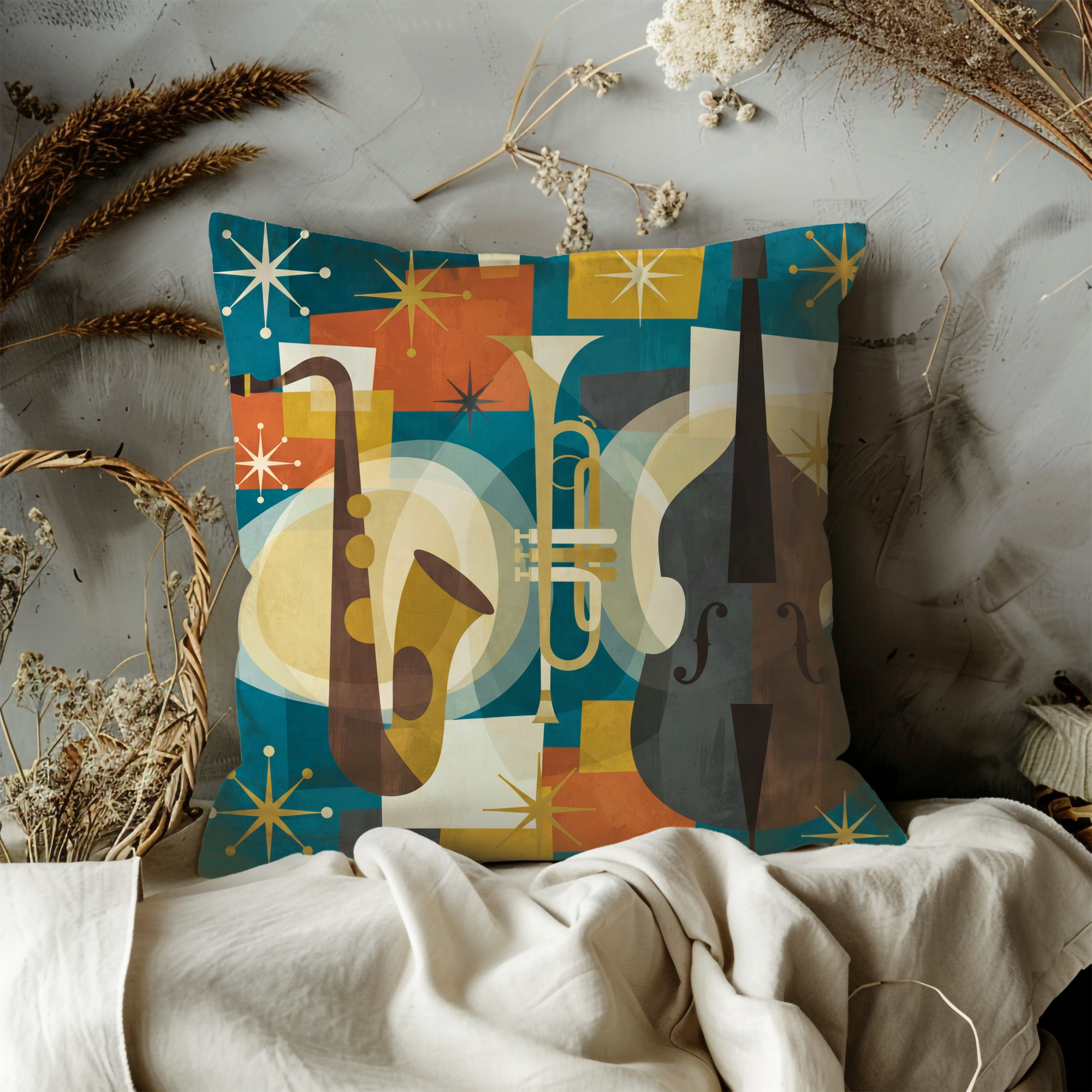 Jazz Instruments Pillow Cover | Retro Music Art | Vibrant Decor