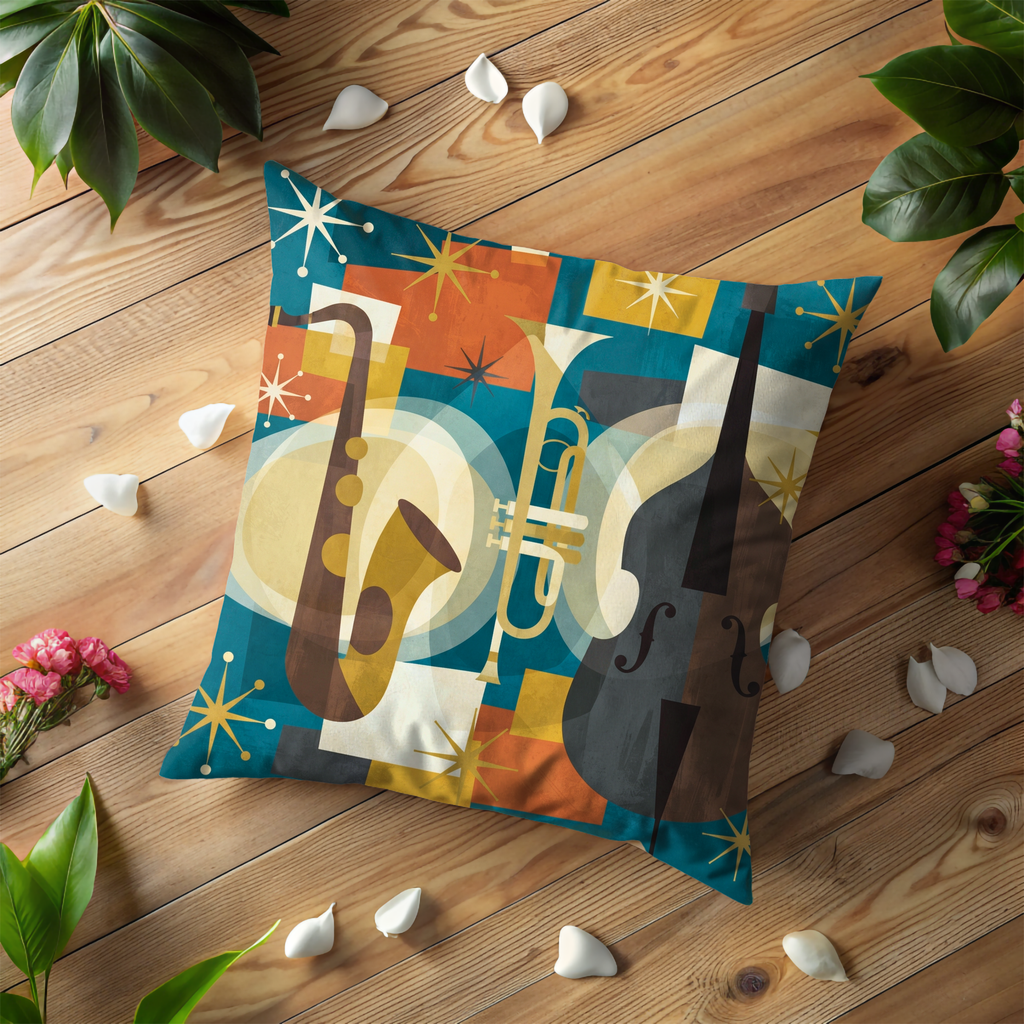 Jazz Instruments Pillow Cover | Retro Music Art | Vibrant Decor