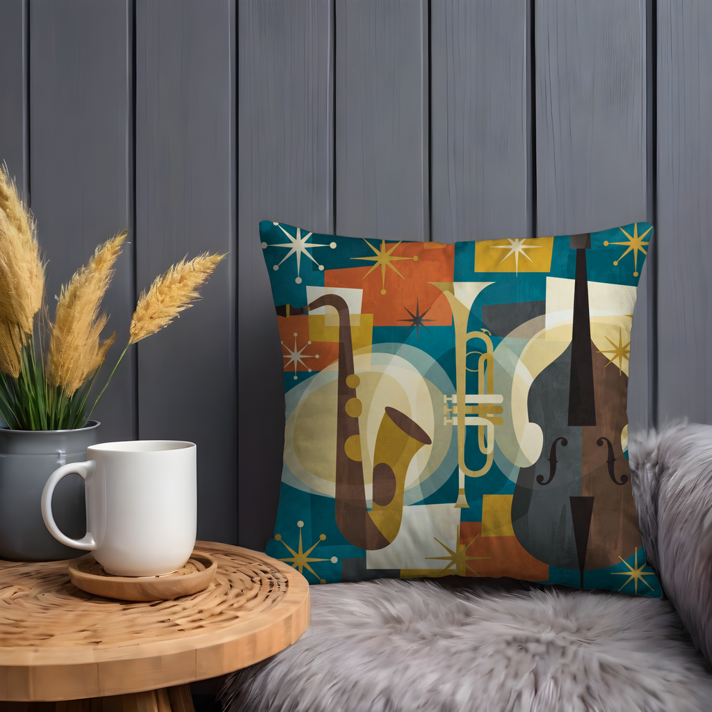 Jazz Instruments Pillow Cover | Retro Music Art | Vibrant Decor