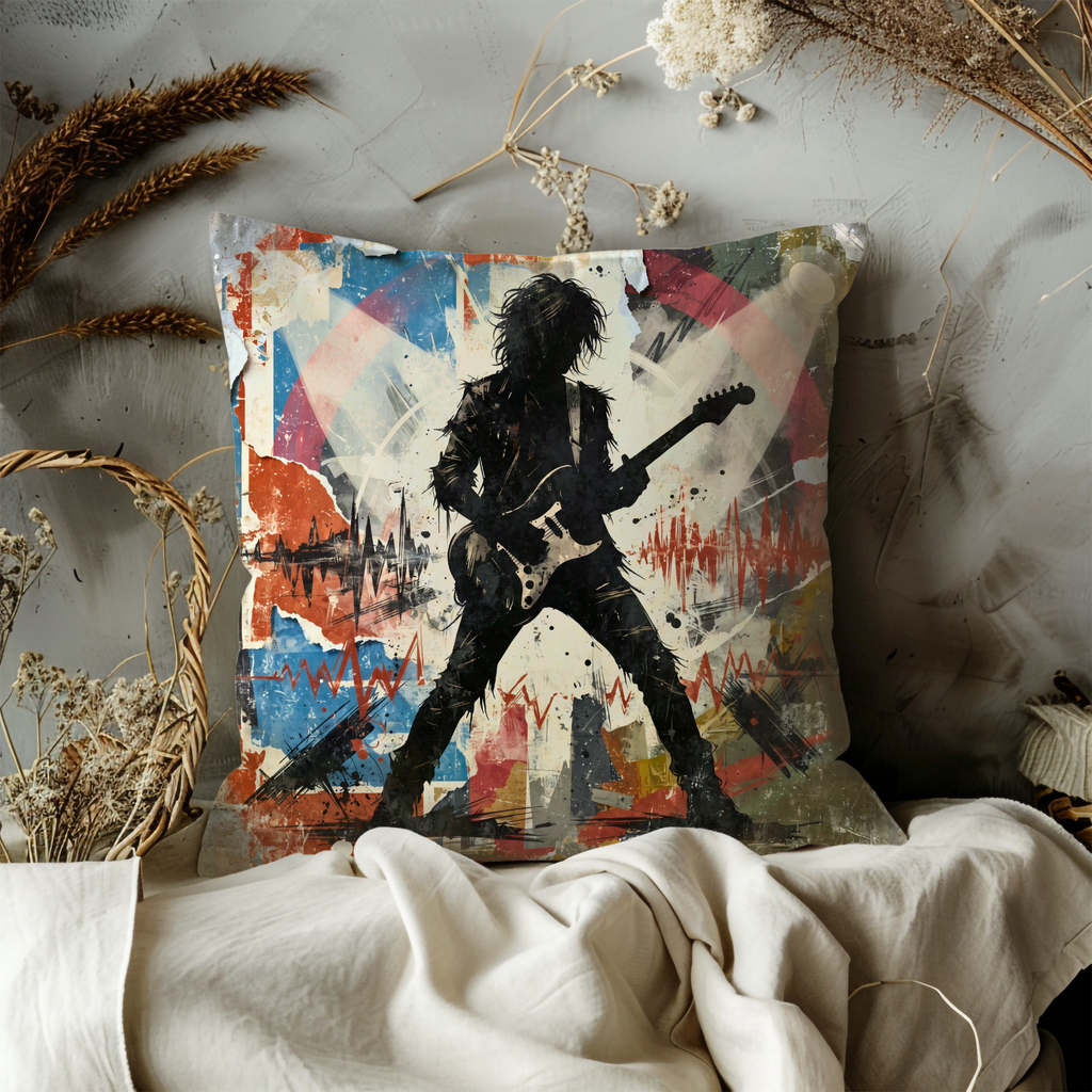 Rock Guitarist Silhouette Pillow Cover | Grunge Music Art