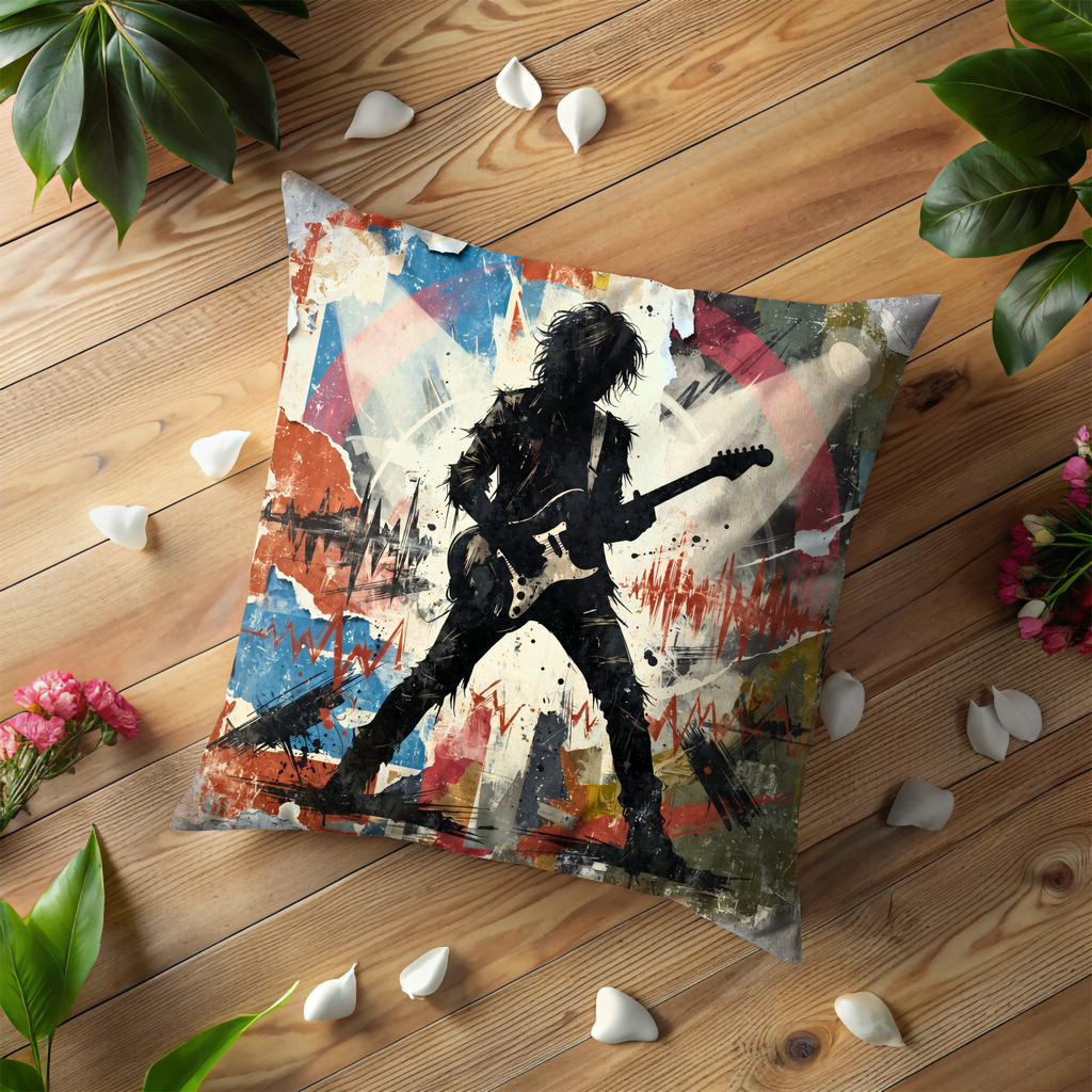 Rock Guitarist Silhouette Pillow Cover | Grunge Music Art