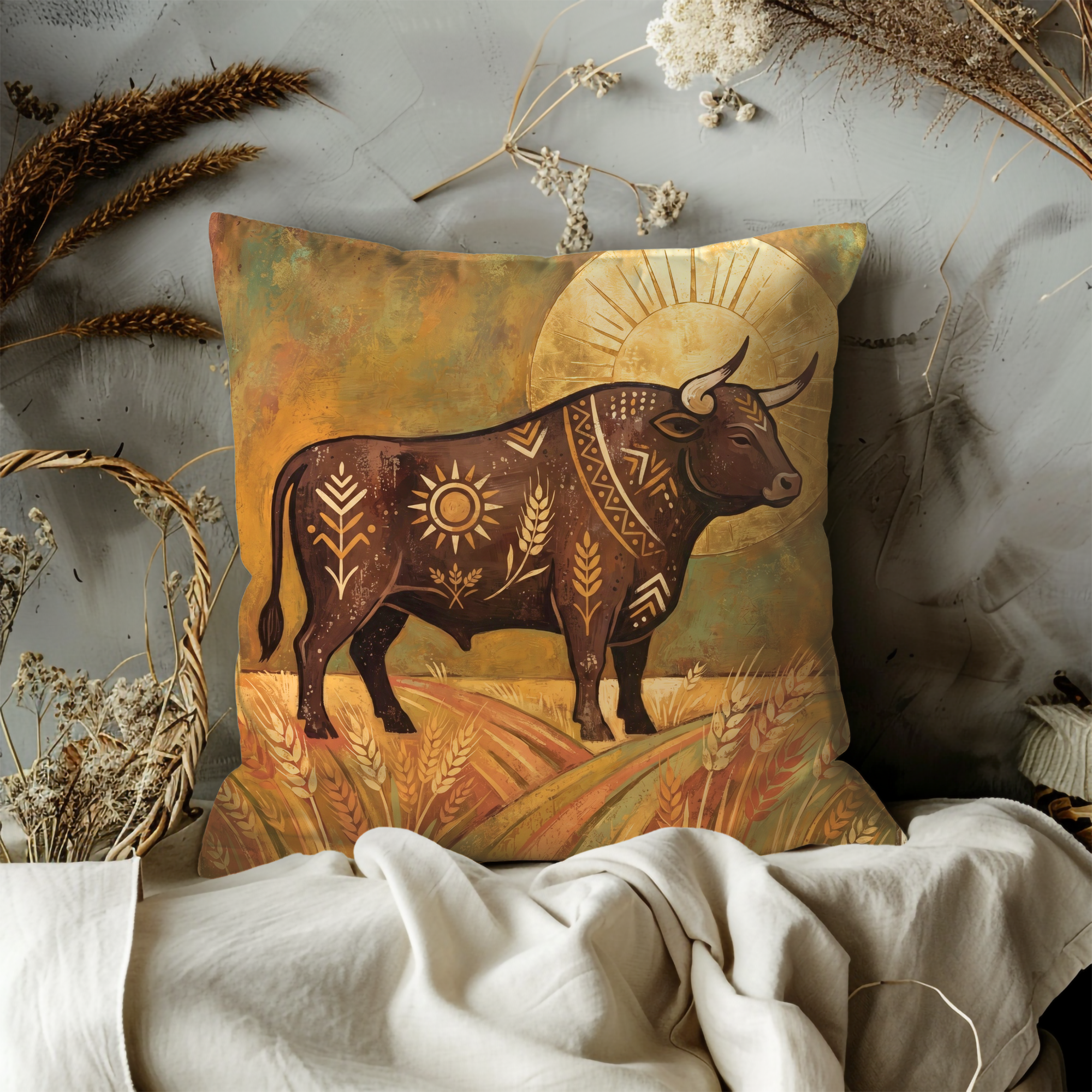 Bull Wheat Field Pillow Cover | Folk Harvest Art | Earthy Boho Decor