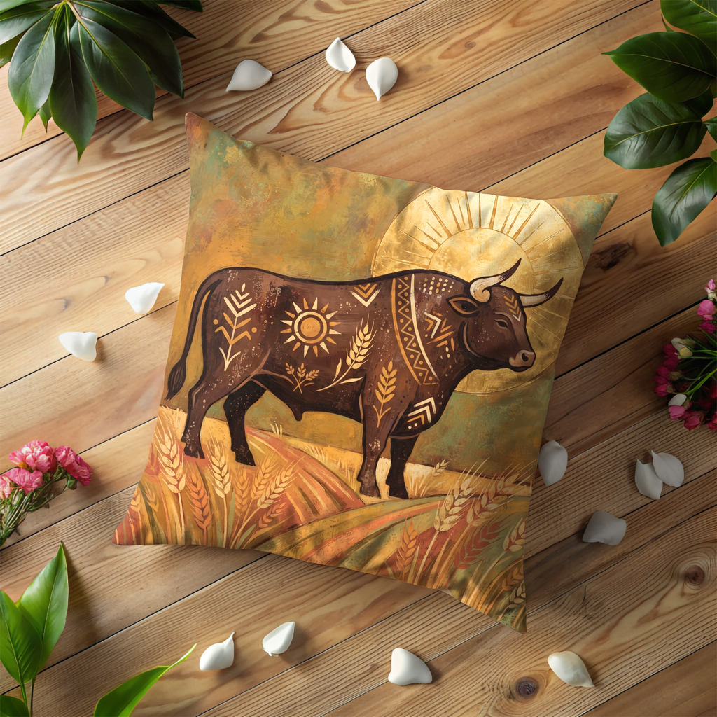 Bull Wheat Field Pillow Cover | Folk Harvest Art | Earthy Boho Decor