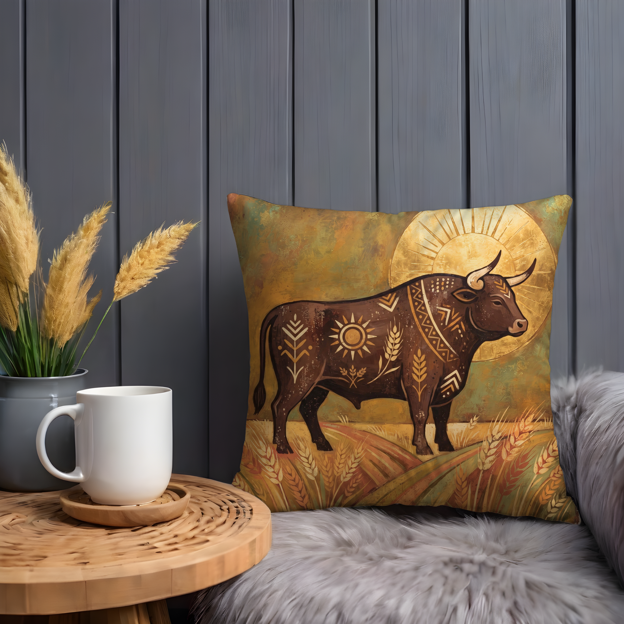 Bull Wheat Field Pillow Cover | Folk Harvest Art | Earthy Boho Decor