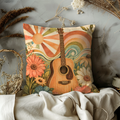 Retro Guitar Sun Rainbow Pillow Cover | 70s Bohemian Art