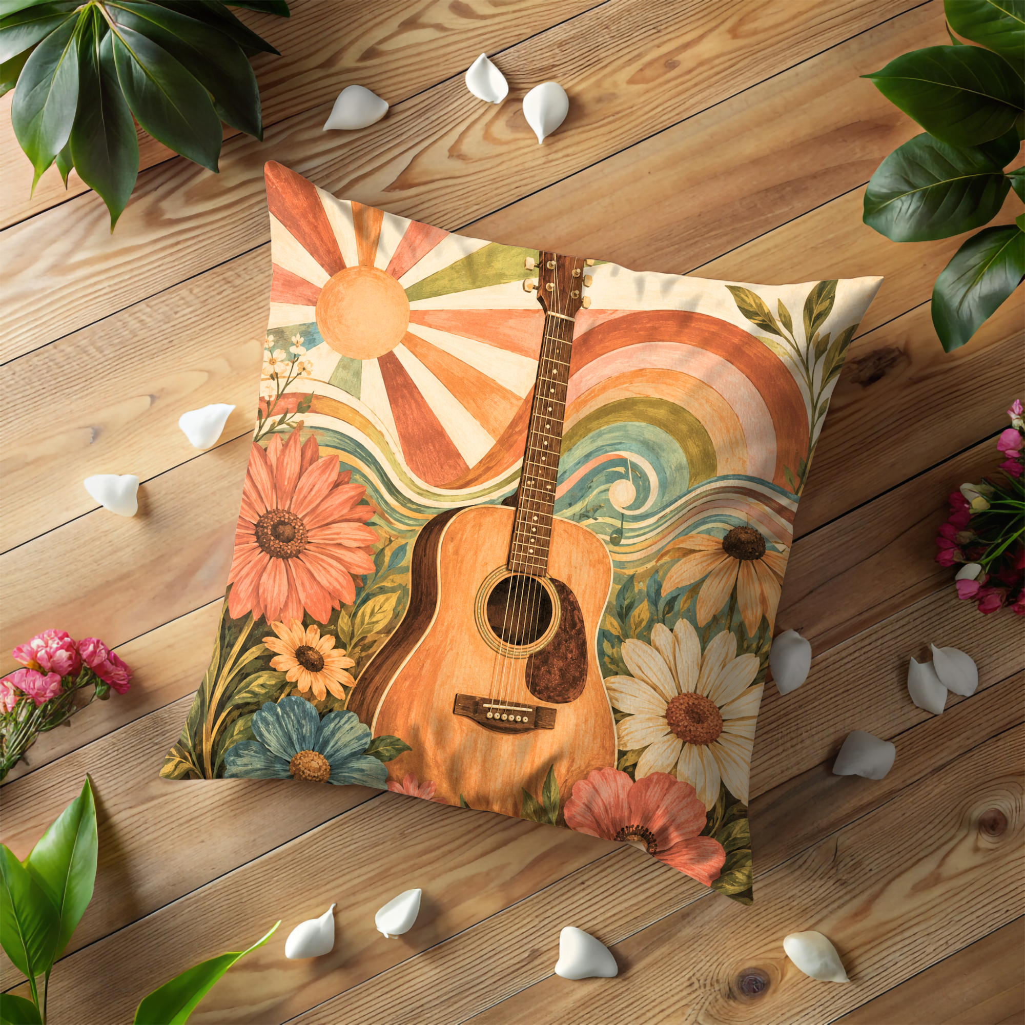 Retro Guitar Sun Rainbow Pillow Cover | 70s Bohemian Art