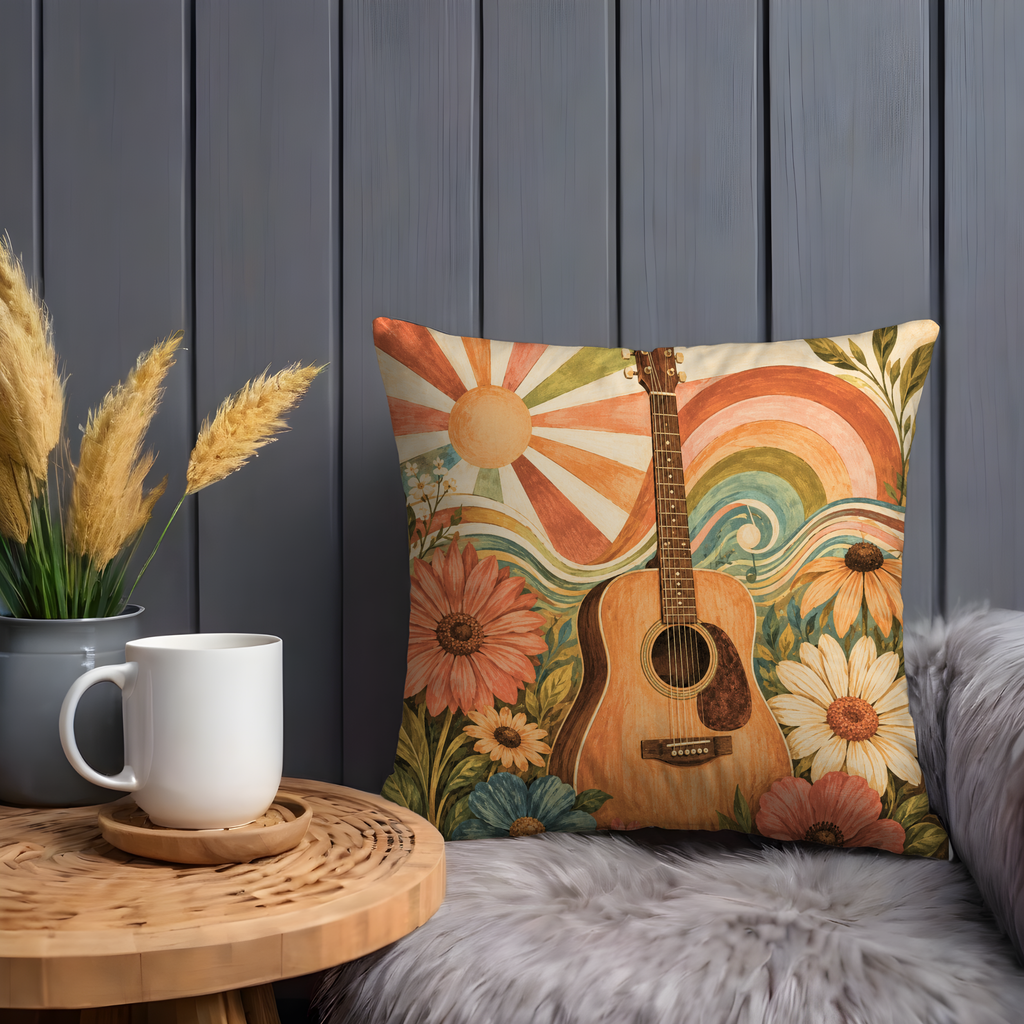 Retro Guitar Sun Rainbow Pillow Cover | 70s Bohemian Art