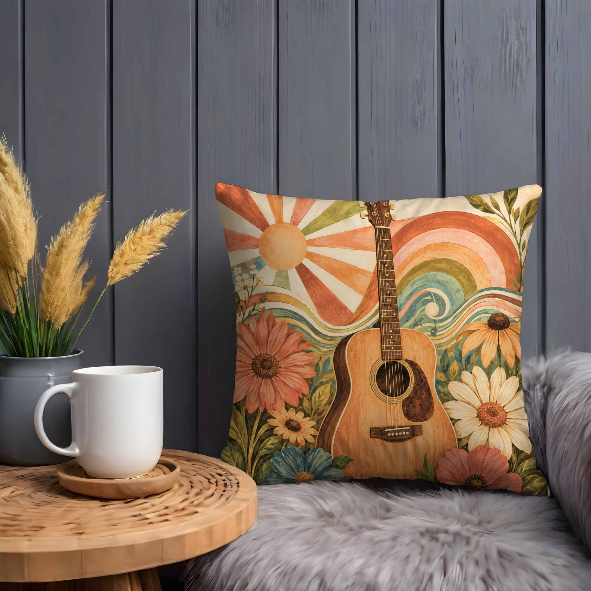 Retro Guitar Sun Rainbow Pillow Cover | 70s Bohemian Art