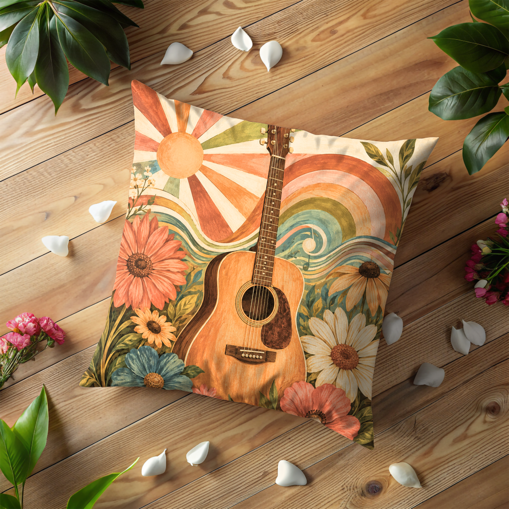Retro Guitar Sun Rainbow Pillow Cover | 70s Bohemian Art