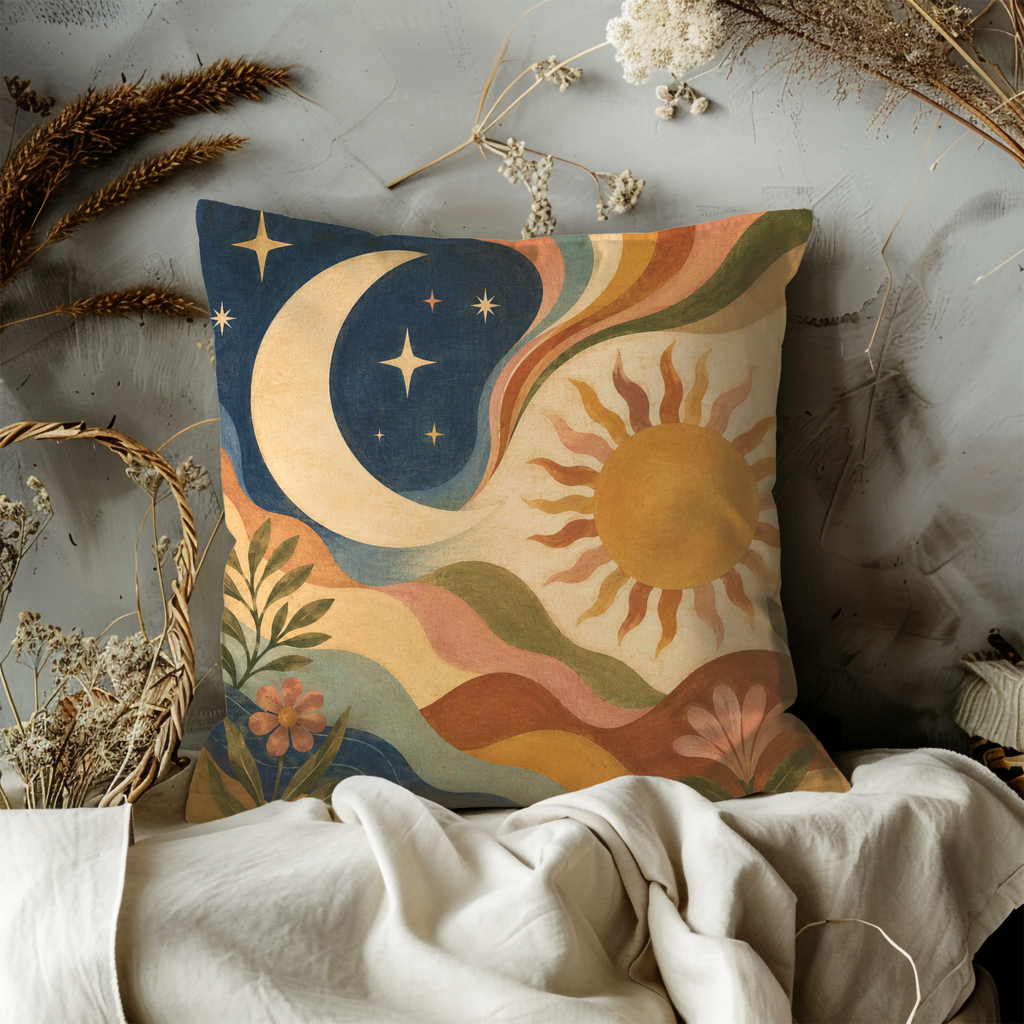 Sun Moon Harmony Pillow Cover | Earthy Boho Art | Celestial Decor