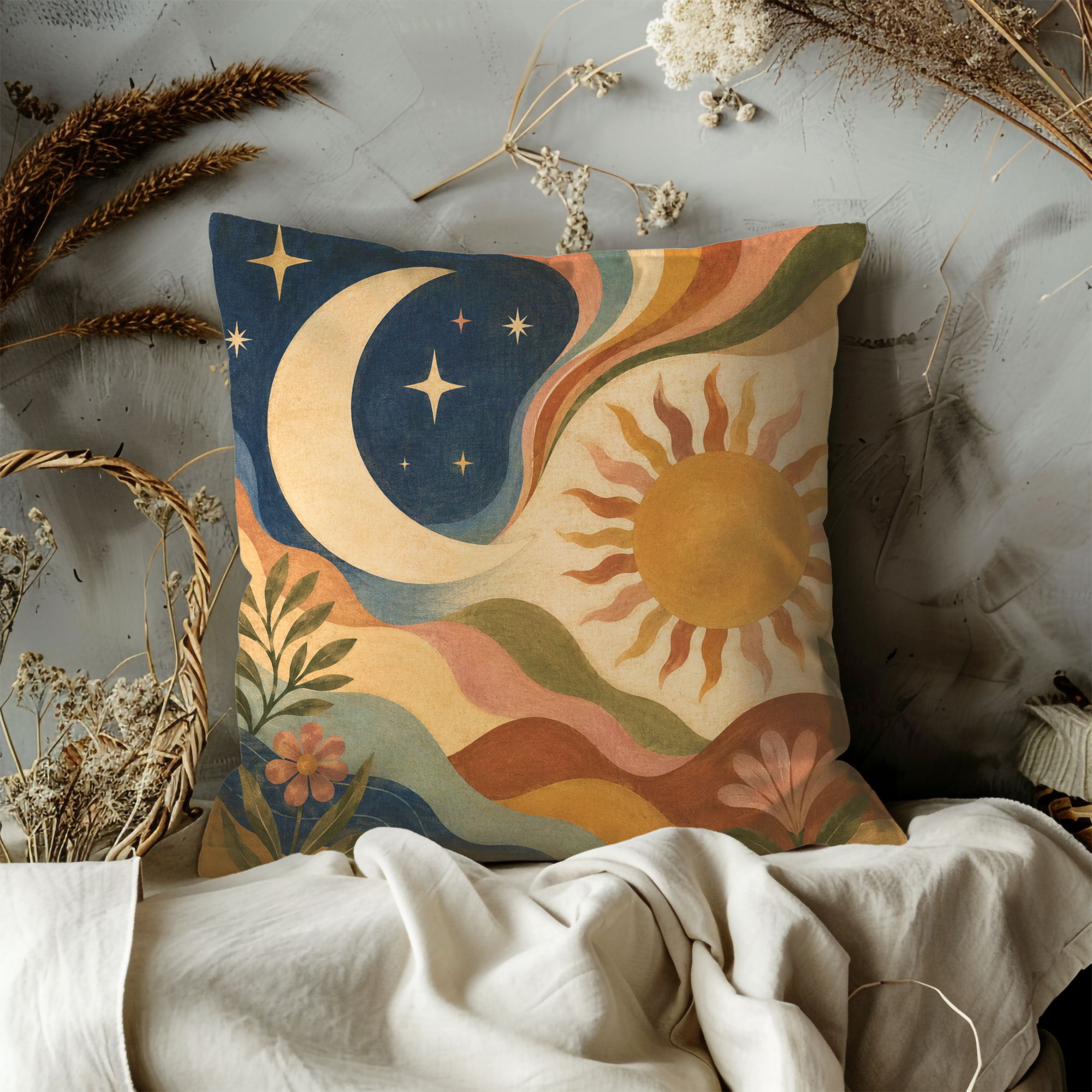 Sun Moon Harmony Pillow Cover | Earthy Boho Art | Celestial Decor