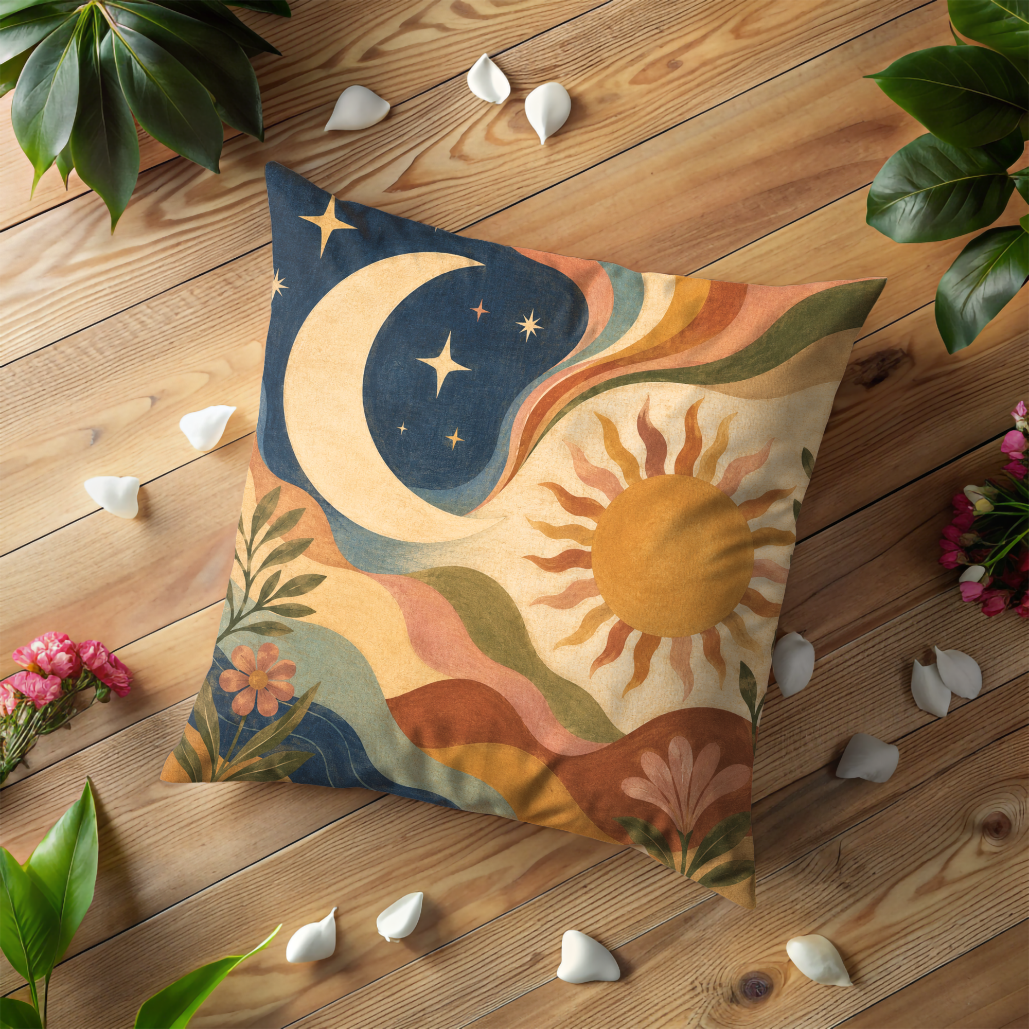 Sun Moon Harmony Pillow Cover | Earthy Boho Art | Celestial Decor