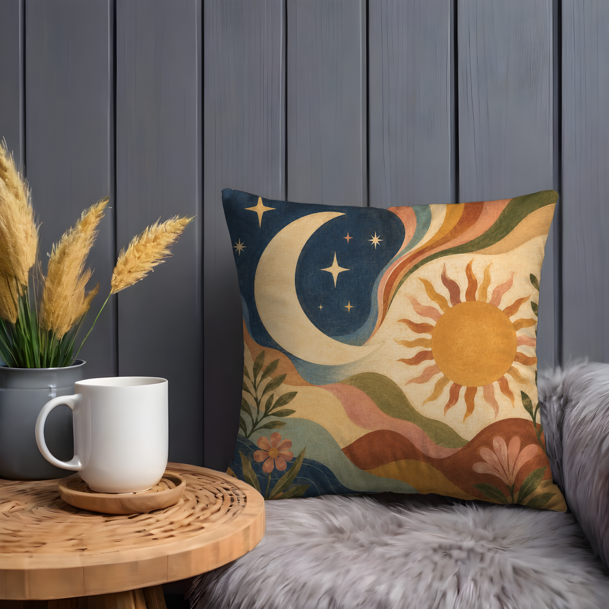 Sun Moon Harmony Pillow Cover | Earthy Boho Art | Celestial Decor