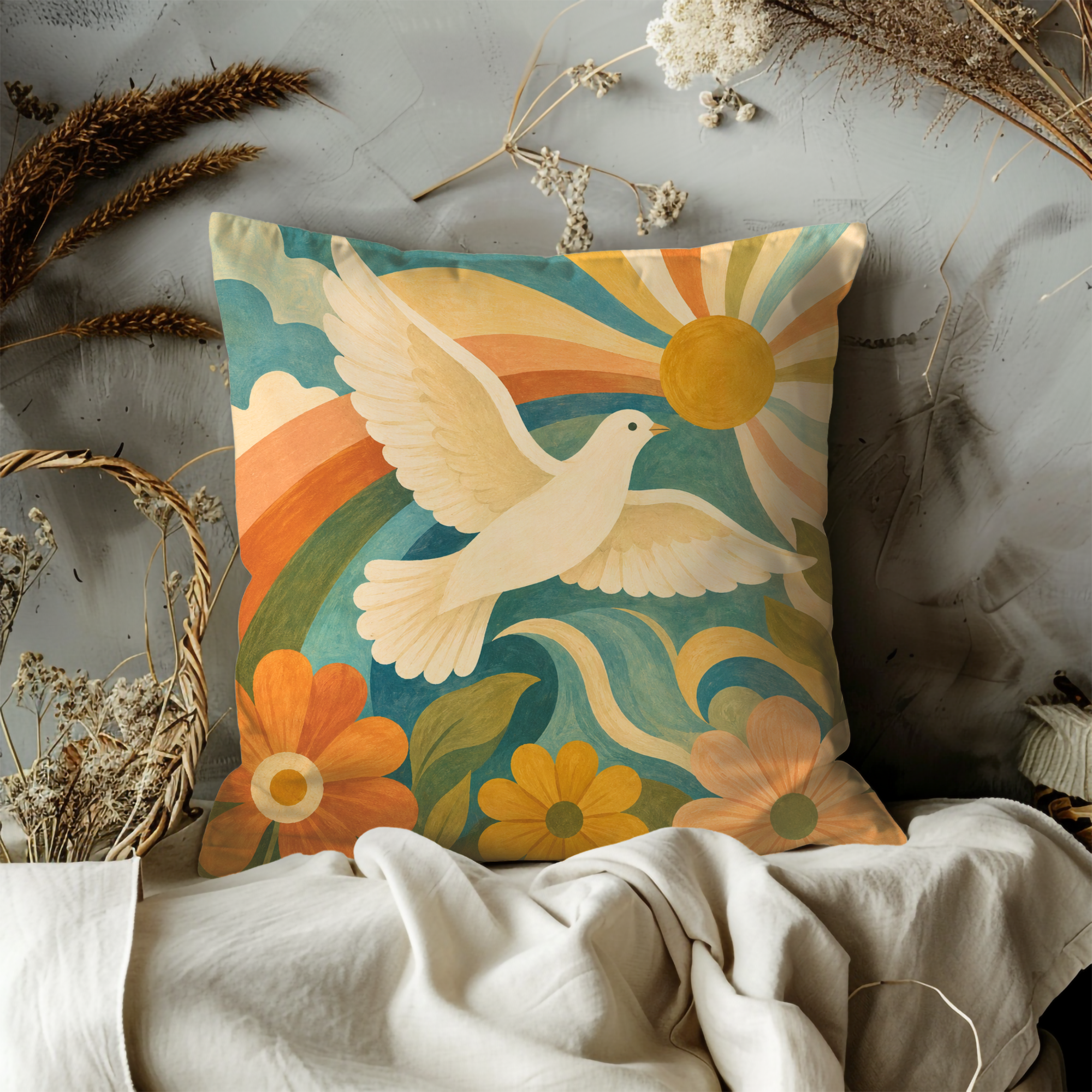 Retro 70s Peace Dove Pillow Cover | Rainbow Sun Art