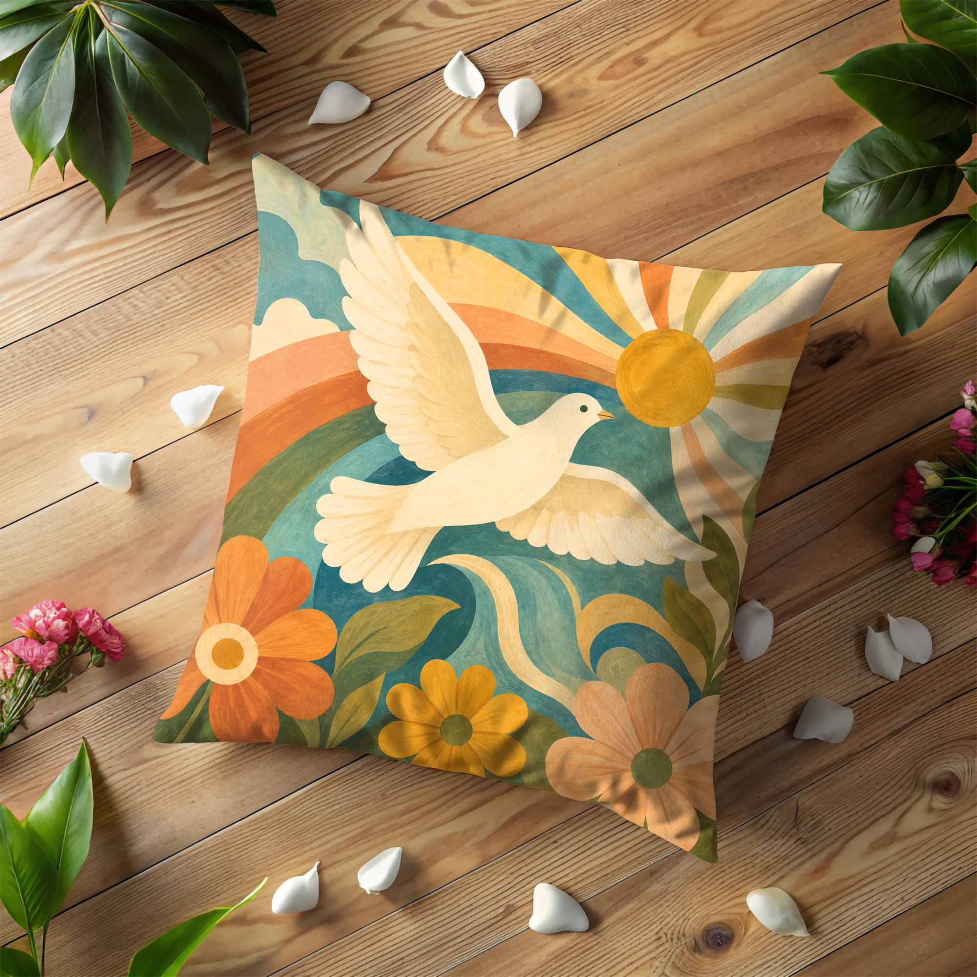 Retro 70s Peace Dove Pillow Cover | Rainbow Sun Art