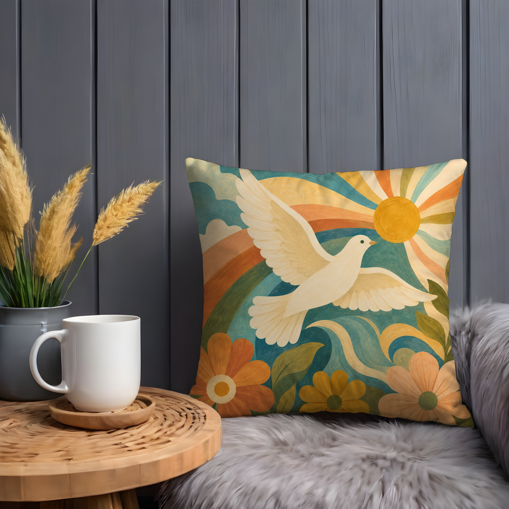 Retro 70s Peace Dove Pillow Cover | Rainbow Sun Art