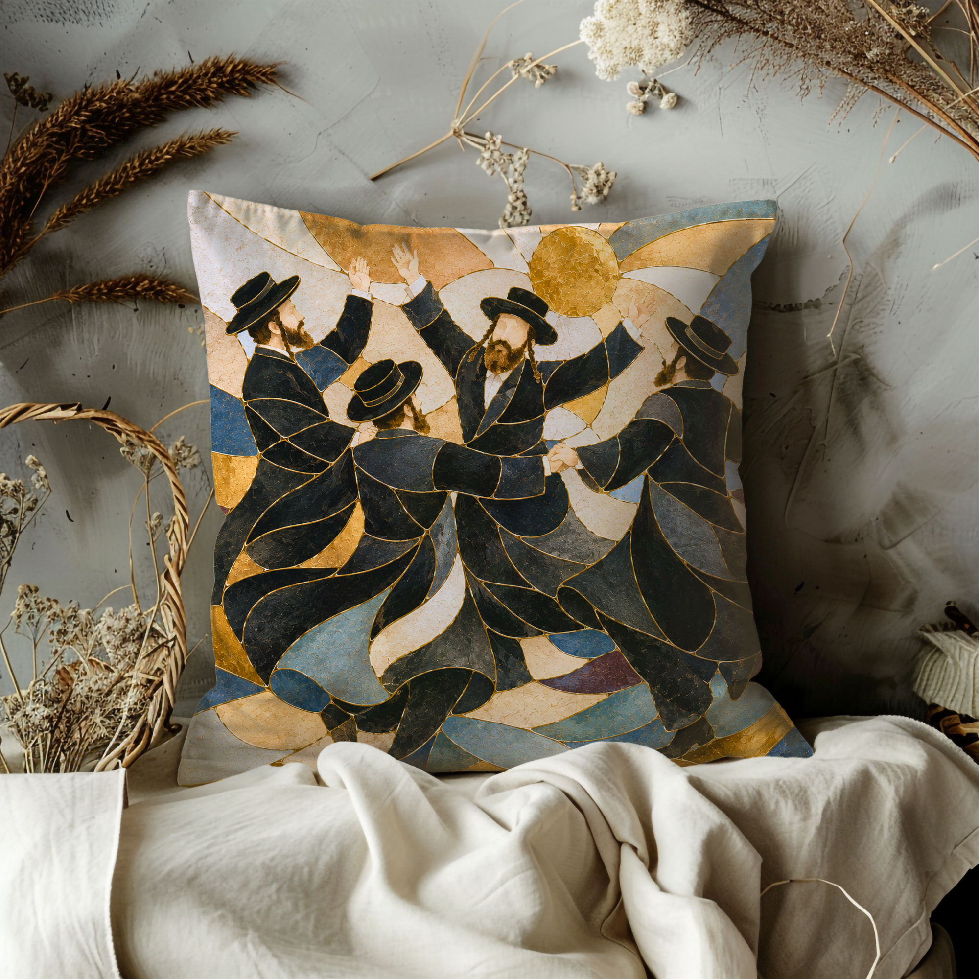 Hasidic Dance Pillow Cover | Jewish Celebration Art | Kintsugi Spiritual Decor
