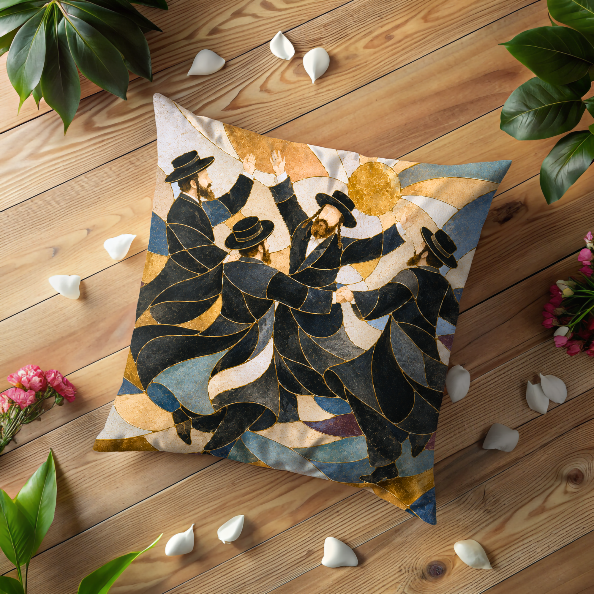 Hasidic Dance Pillow Cover | Jewish Celebration Art | Kintsugi Spiritual Decor
