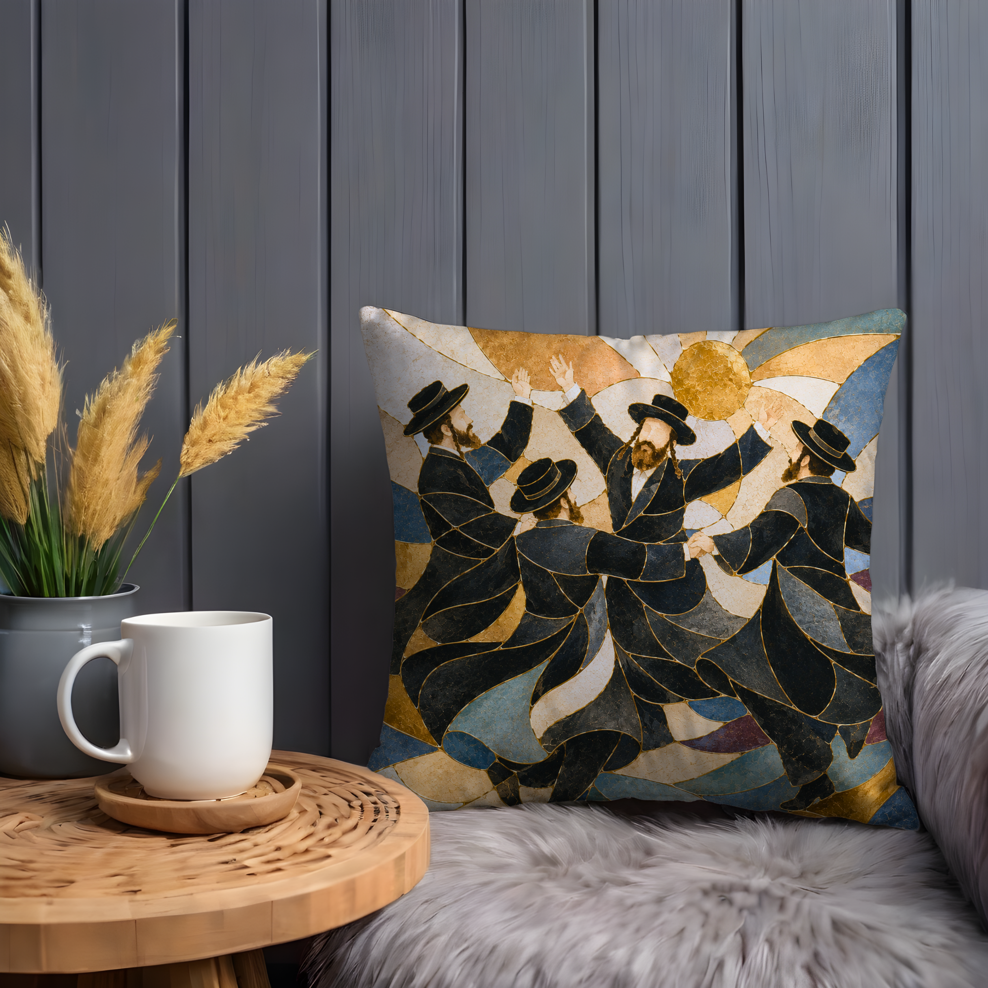 Hasidic Dance Pillow Cover | Jewish Celebration Art | Kintsugi Spiritual Decor
