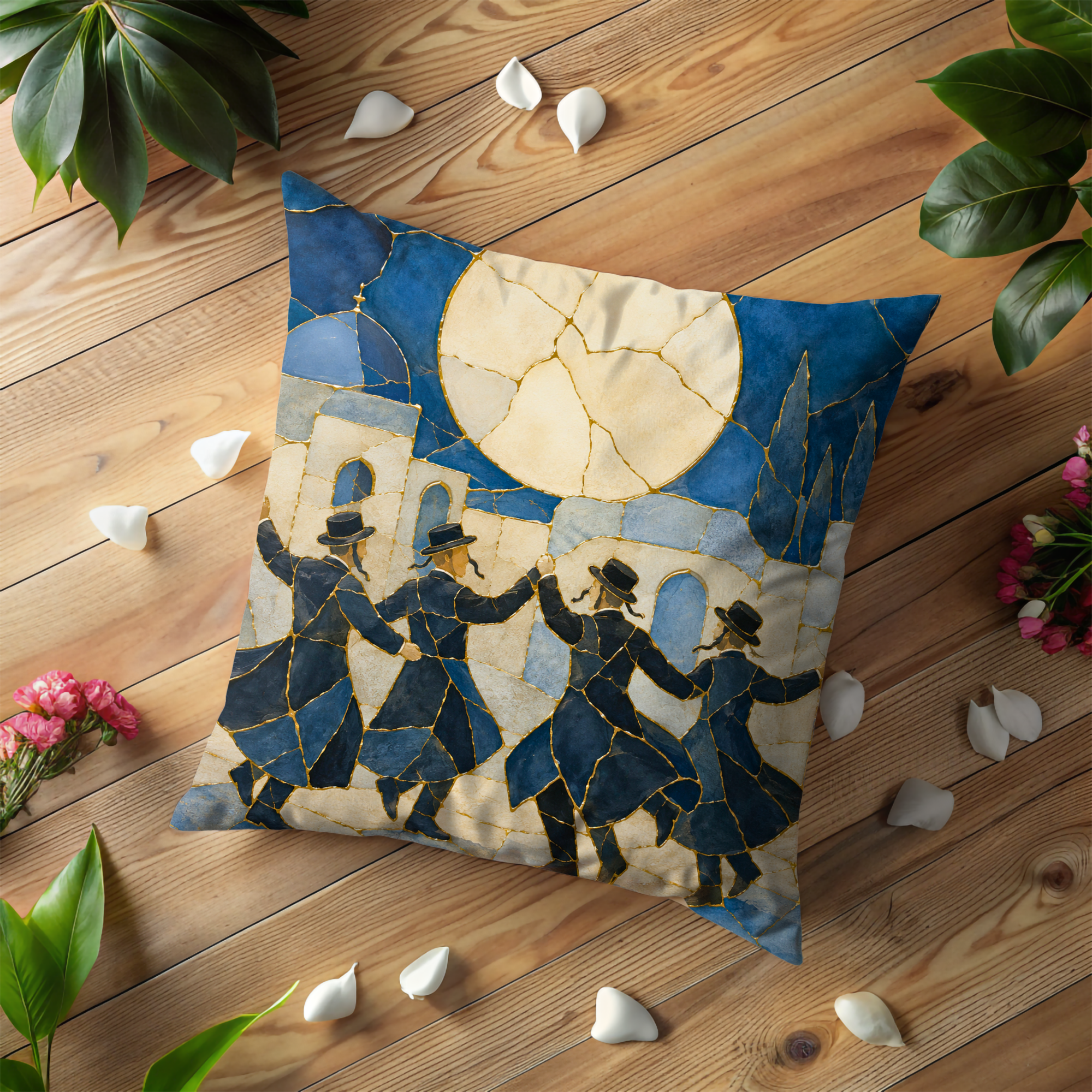 Hasidic Dance Jerusalem Pillow Cover | Kintsugi Jewish Art | Spiritual Decor
