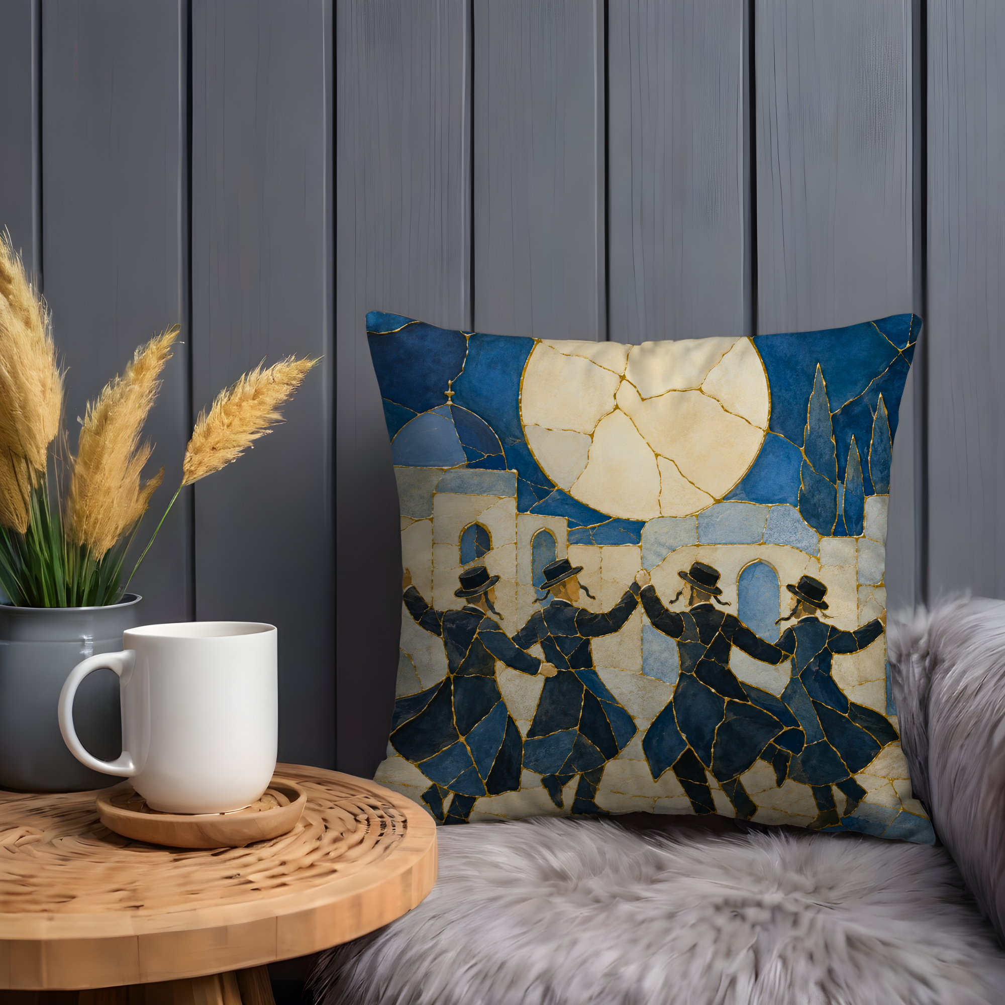 Hasidic Dance Jerusalem Pillow Cover | Kintsugi Jewish Art | Spiritual Decor