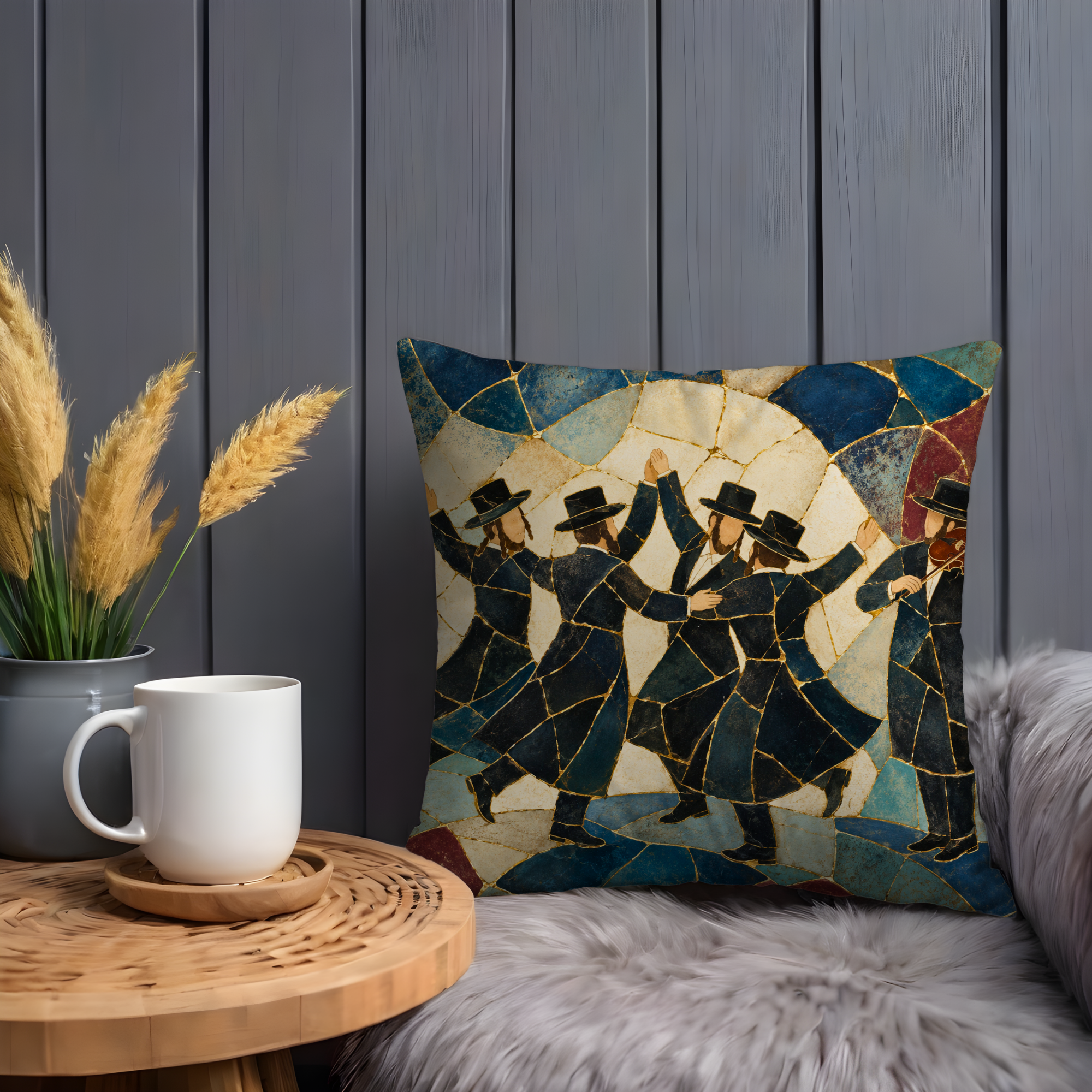 Hasidic Dance Pillow Cover | Jewish Celebration Art | Kintsugi Spiritual Decor