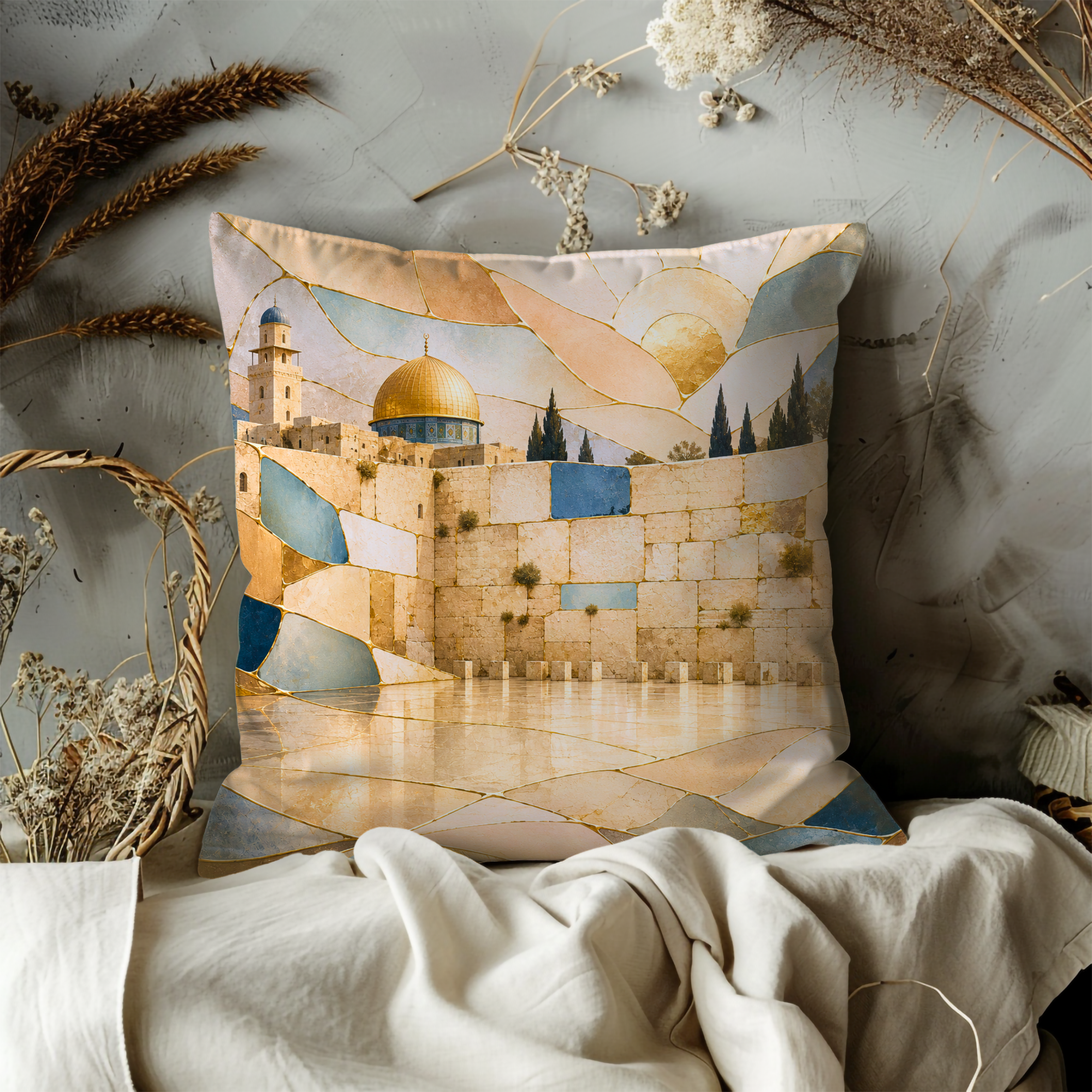 Western Wall Pillow Cover | Kintsugi Jerusalem Art | Spiritual Decor