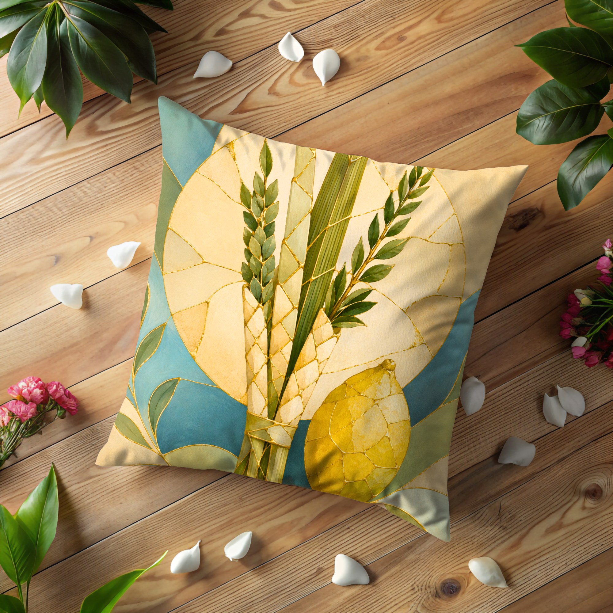 Four Species Pillow Cover | Sukkot Lulav Etrog Art | Jewish Spiritual Decor