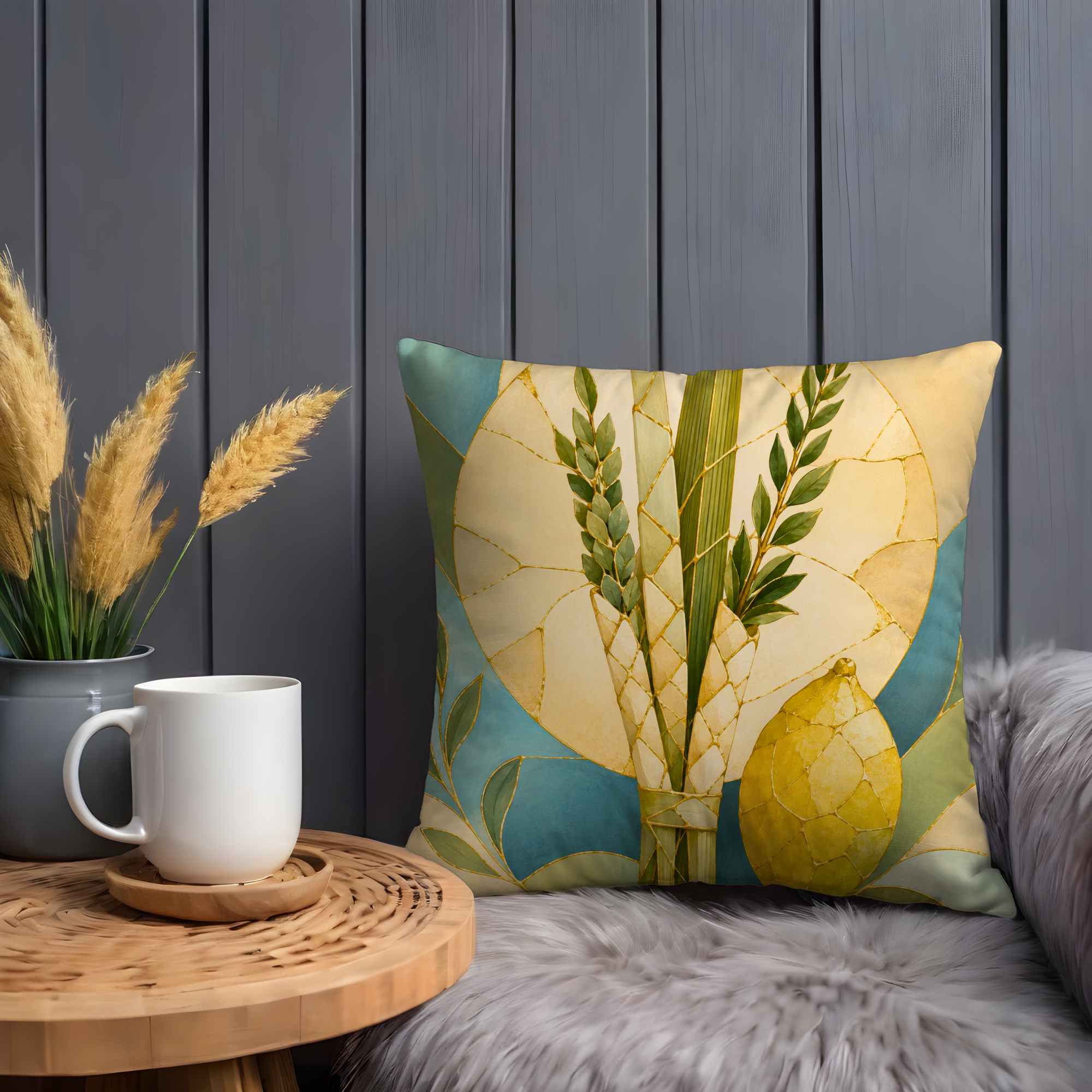 Four Species Pillow Cover | Sukkot Lulav Etrog Art | Jewish Spiritual Decor
