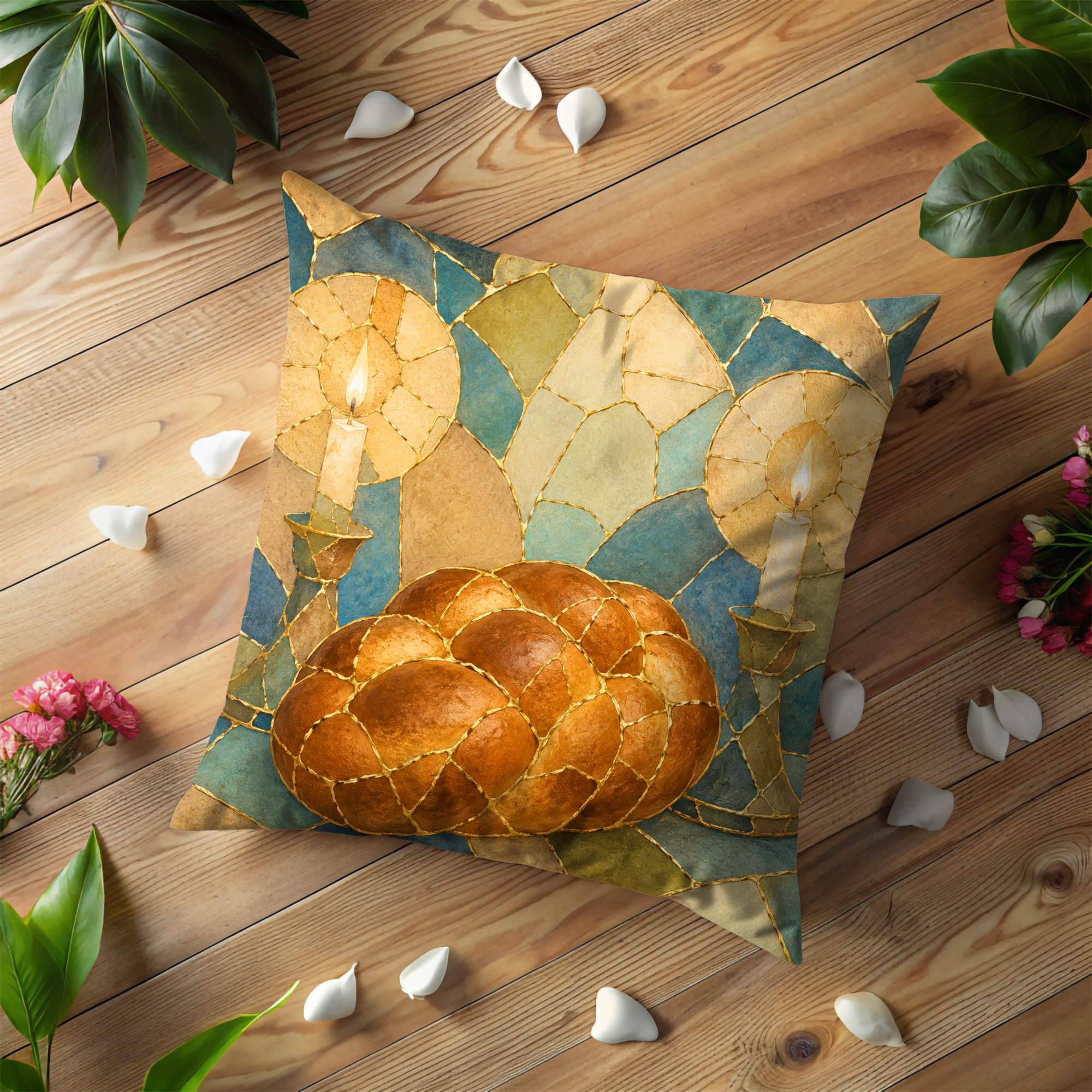 Challah Shabbat Candles Pillow Cover | Jewish Spiritual Art | Warm Decor