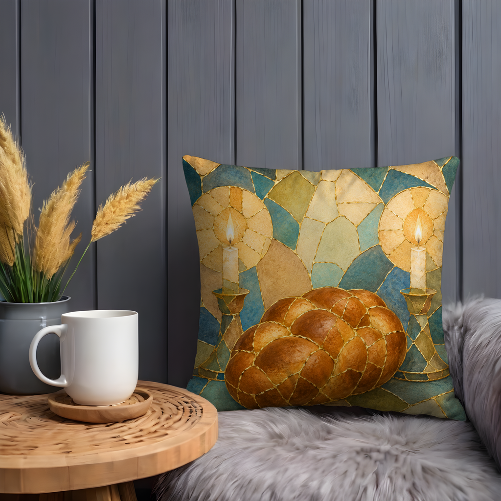 Challah Shabbat Candles Pillow Cover | Jewish Spiritual Art | Warm Decor