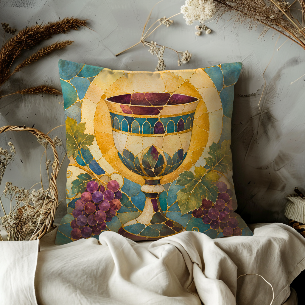 Kiddush Cup Pillow Cover | Shabbat Wine Art | Jewish Spiritual Decor