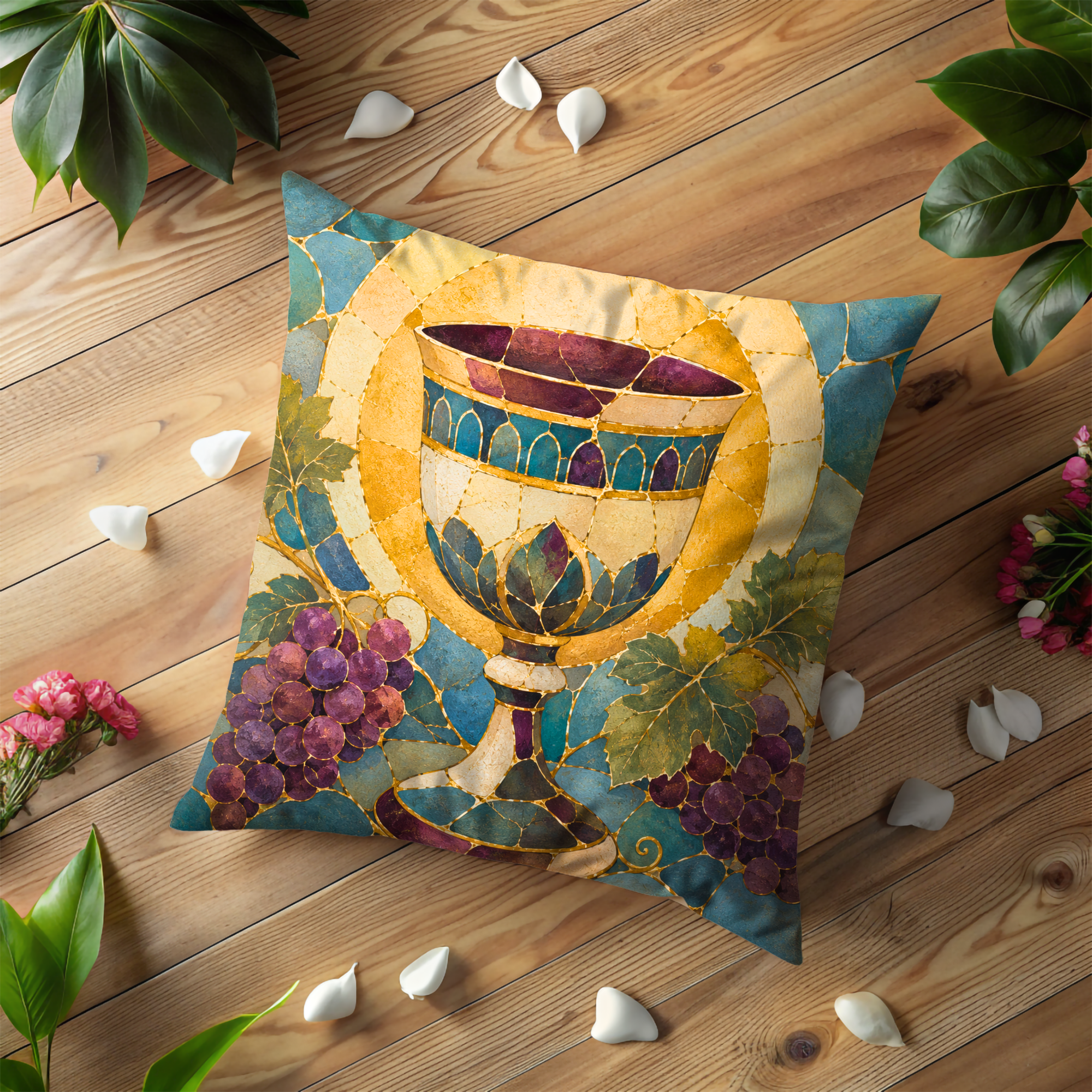 Kiddush Cup Pillow Cover | Shabbat Wine Art | Jewish Spiritual Decor