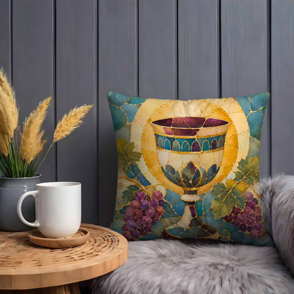 Kiddush Cup Pillow Cover | Shabbat Wine Art | Jewish Spiritual Decor