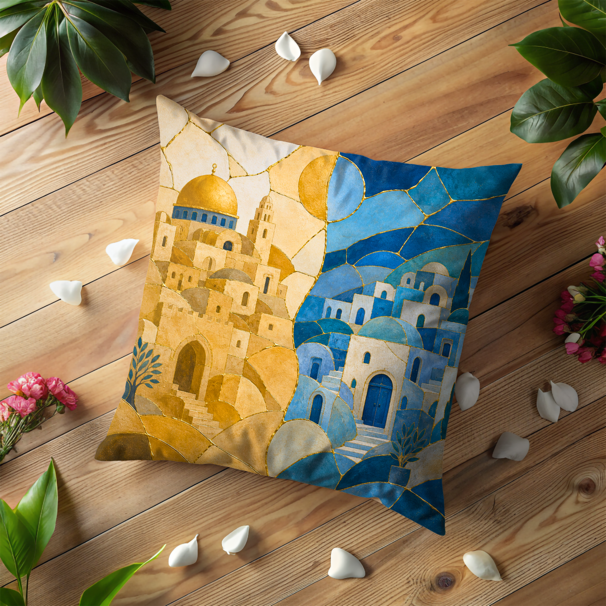 Jerusalem & Safed Pillow Cover | Kintsugi Jewish Cities Art | Spiritual Decor