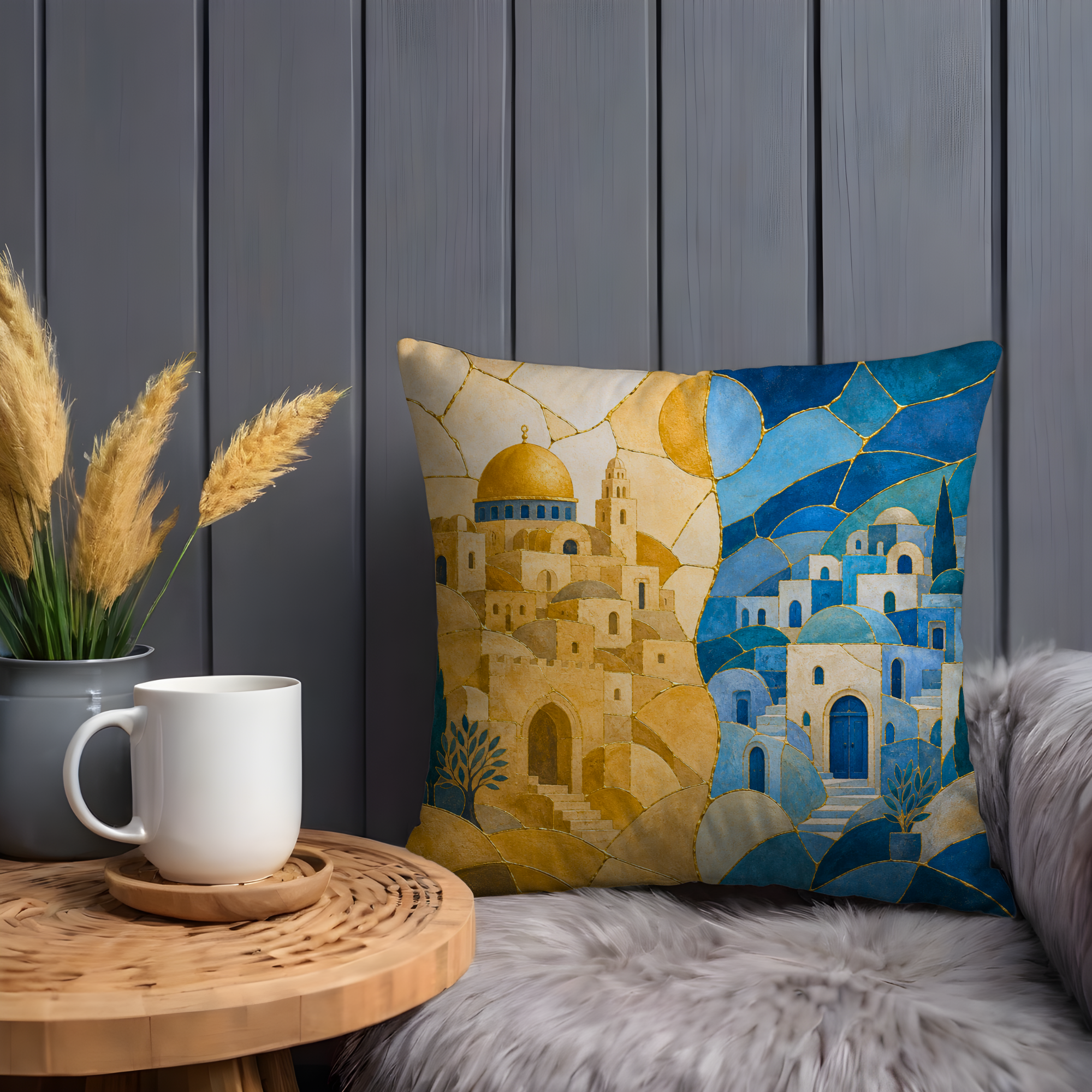 Jerusalem & Safed Pillow Cover | Kintsugi Jewish Cities Art | Spiritual Decor