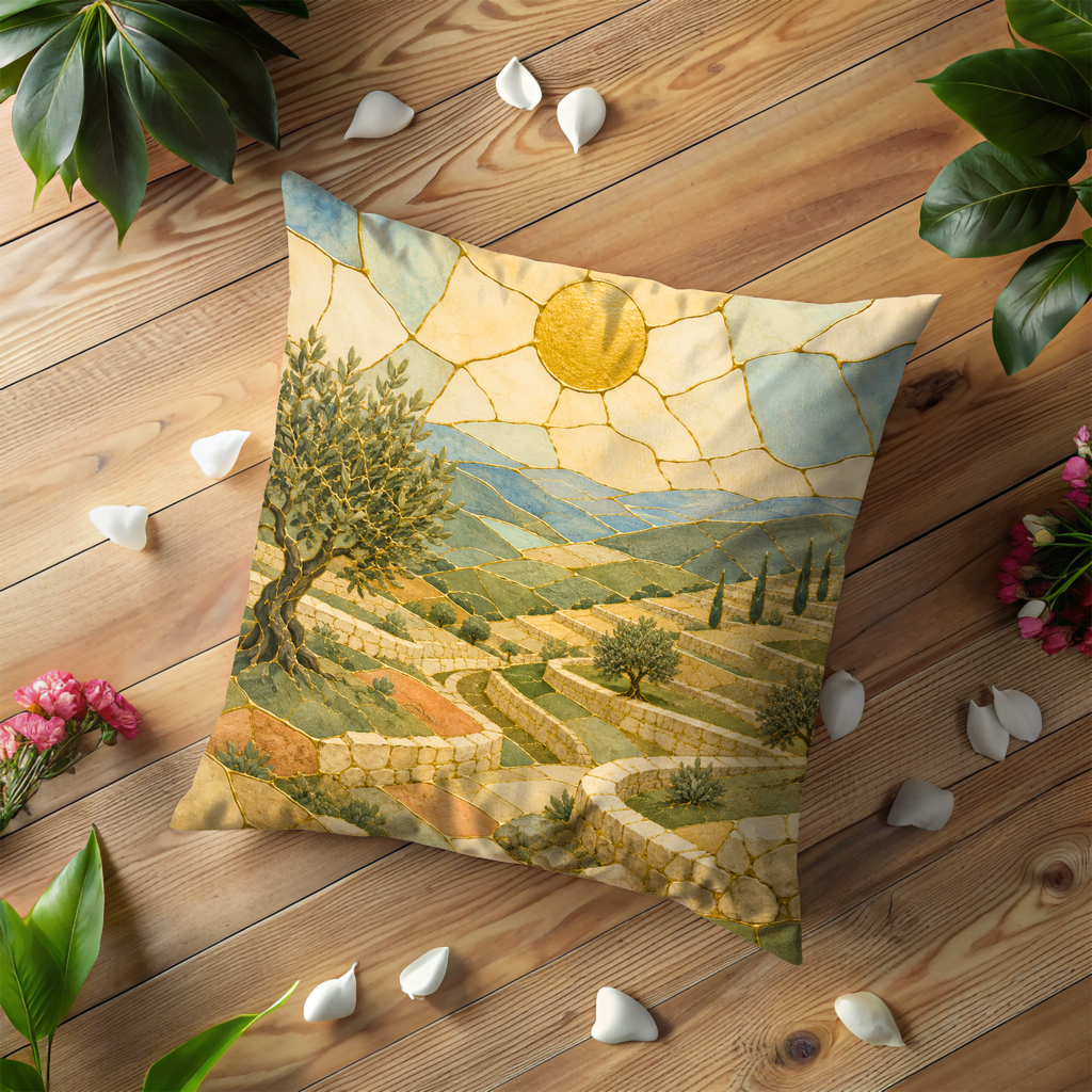 Terraced Hills Olive Tree Pillow Cover | Kintsugi Landscape Art | Spiritual Decor