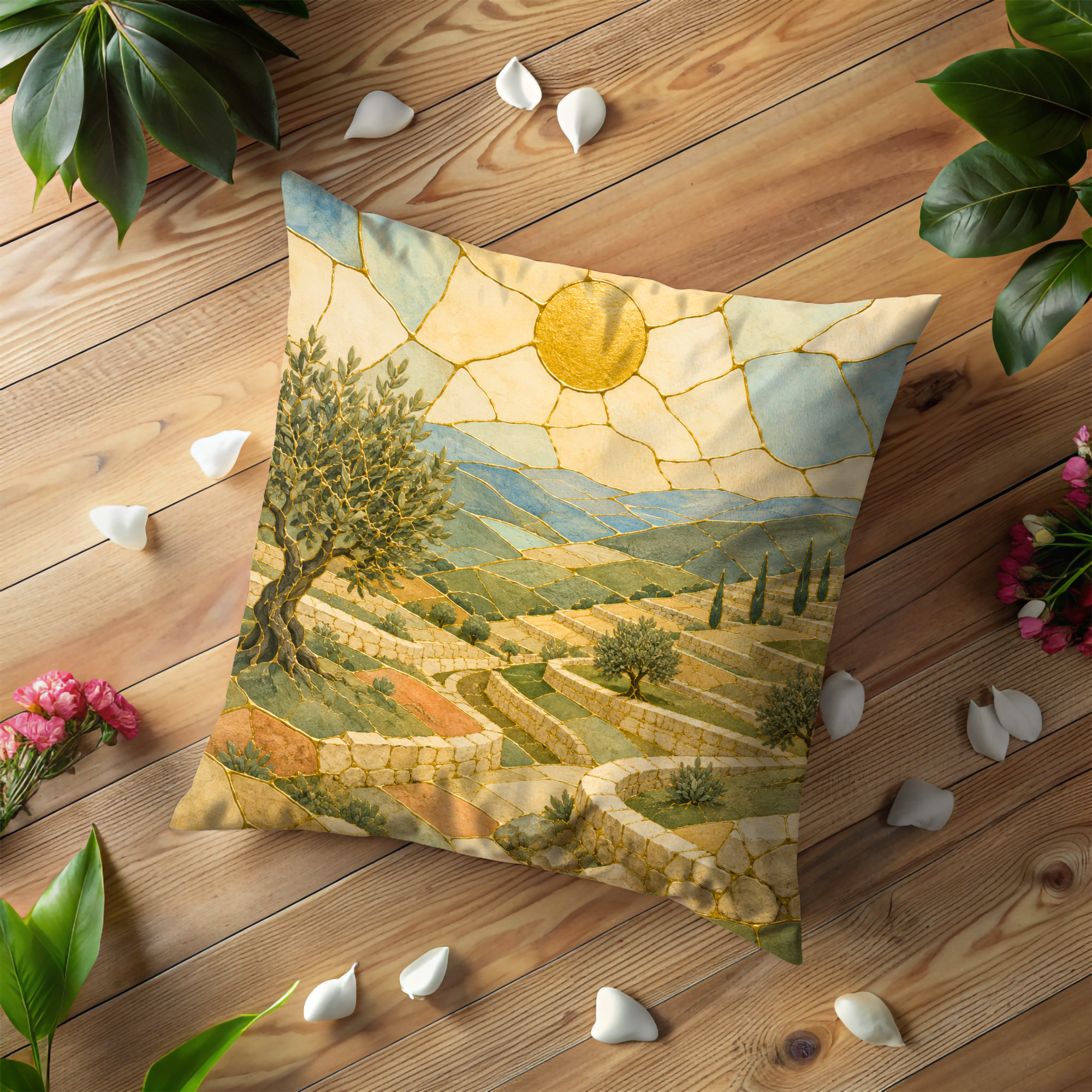 Terraced Hills Olive Tree Pillow Cover | Kintsugi Landscape Art | Spiritual Decor